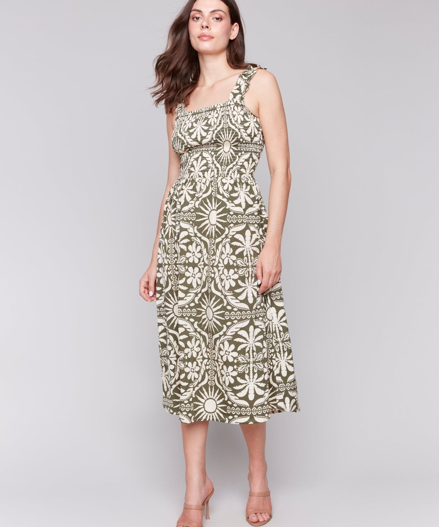 Printed Sleeveless Midi Dress with Shirring Detail - Charlie B - 690178629075 - Sugar River Shoppe - 