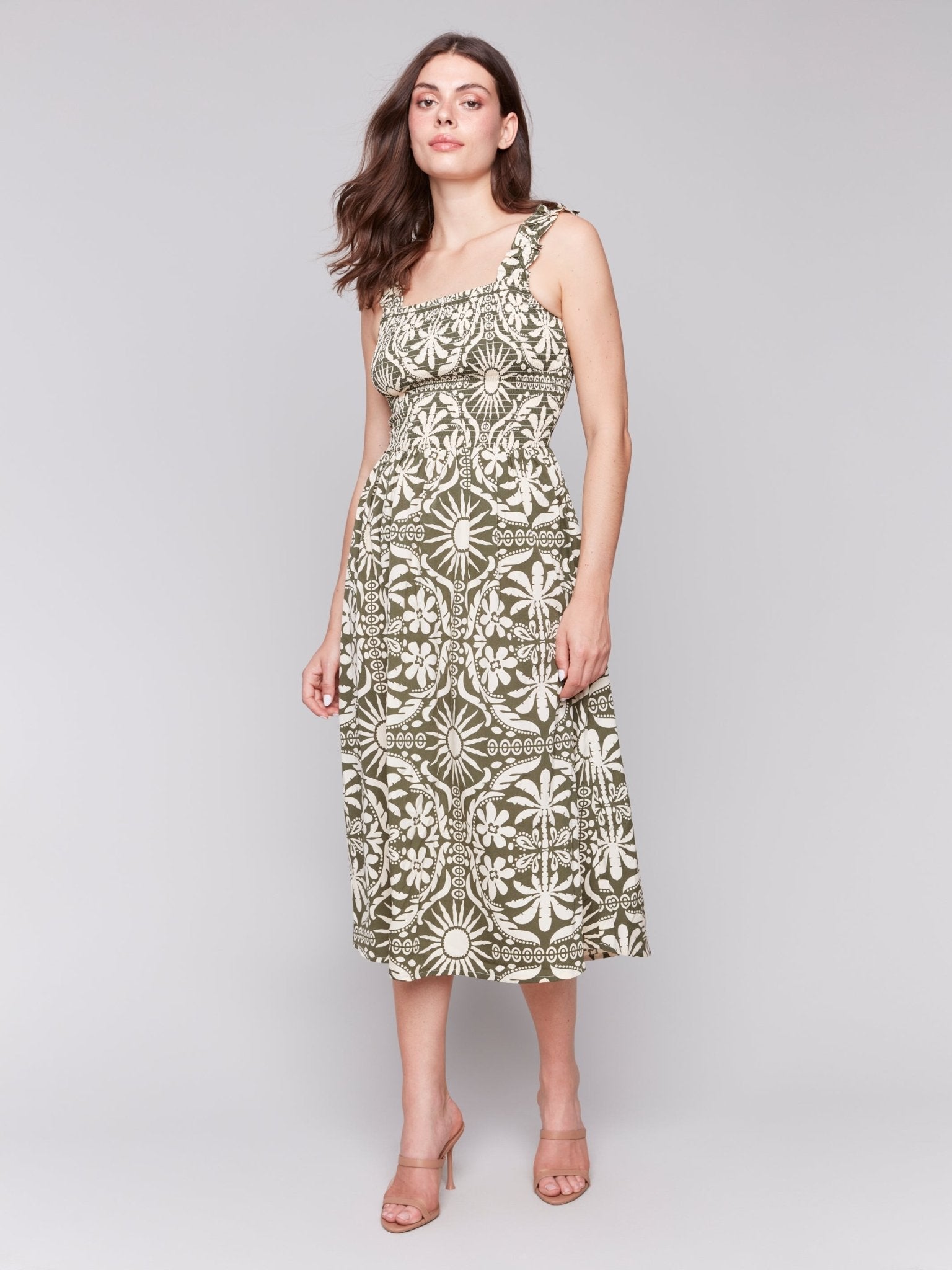 Printed Sleeveless Midi Dress with Shirring Detail - Charlie B - 690178629075 - Sugar River Shoppe - 