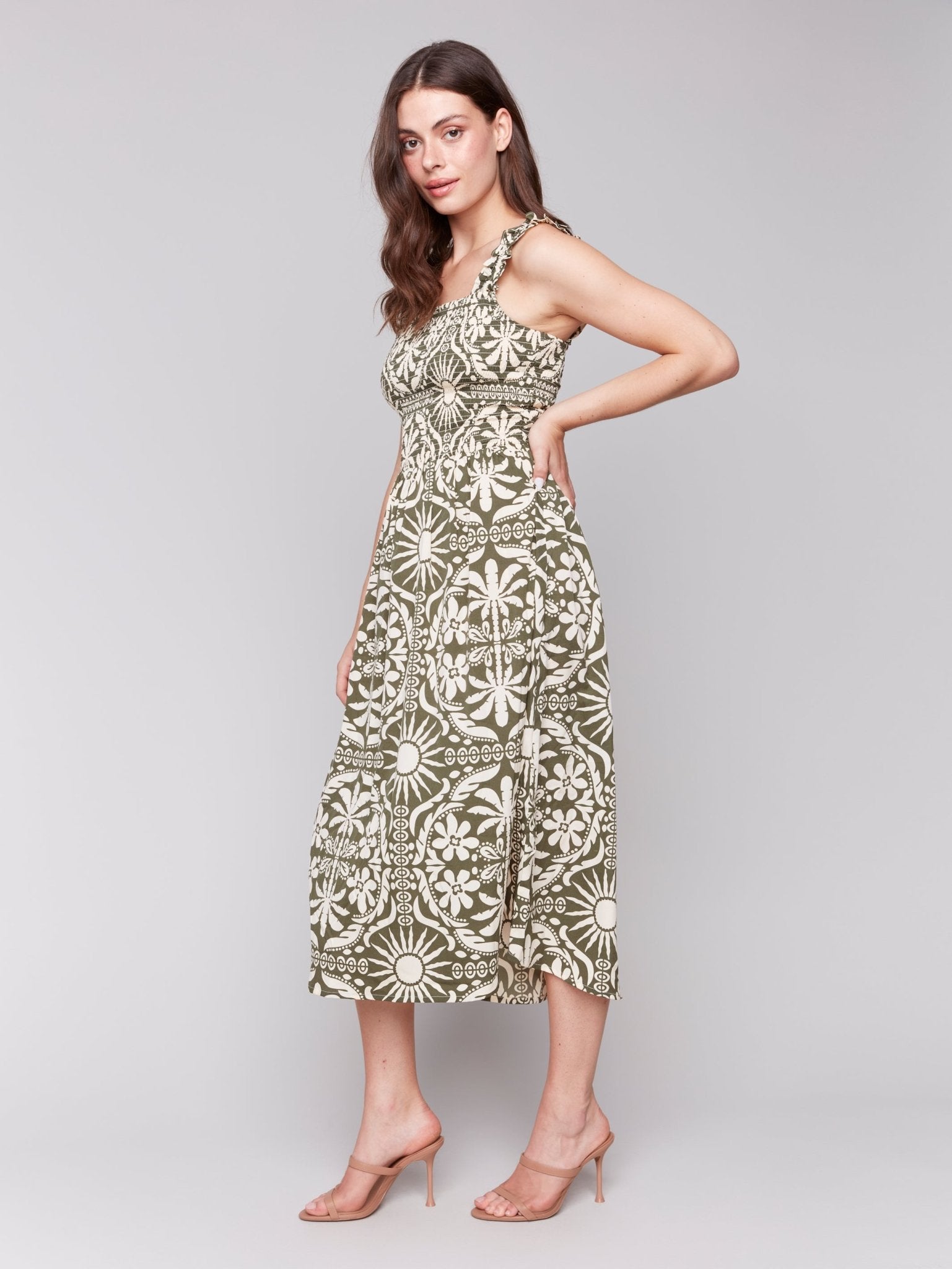 Printed Sleeveless Midi Dress with Shirring Detail - Charlie B - 690178629075 - Sugar River Shoppe - 