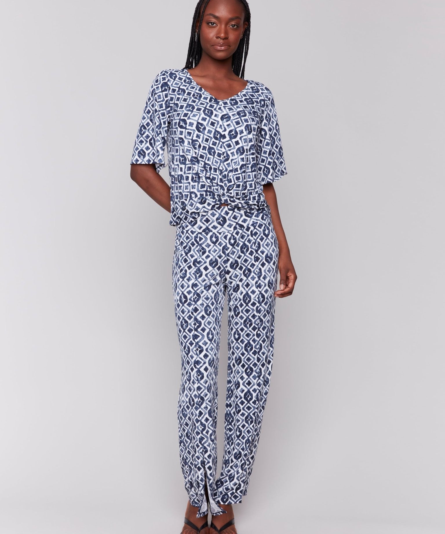 Printed V Neck Top With Twist Front - Charlie B - 690178619175 - Sugar River Shoppe - 