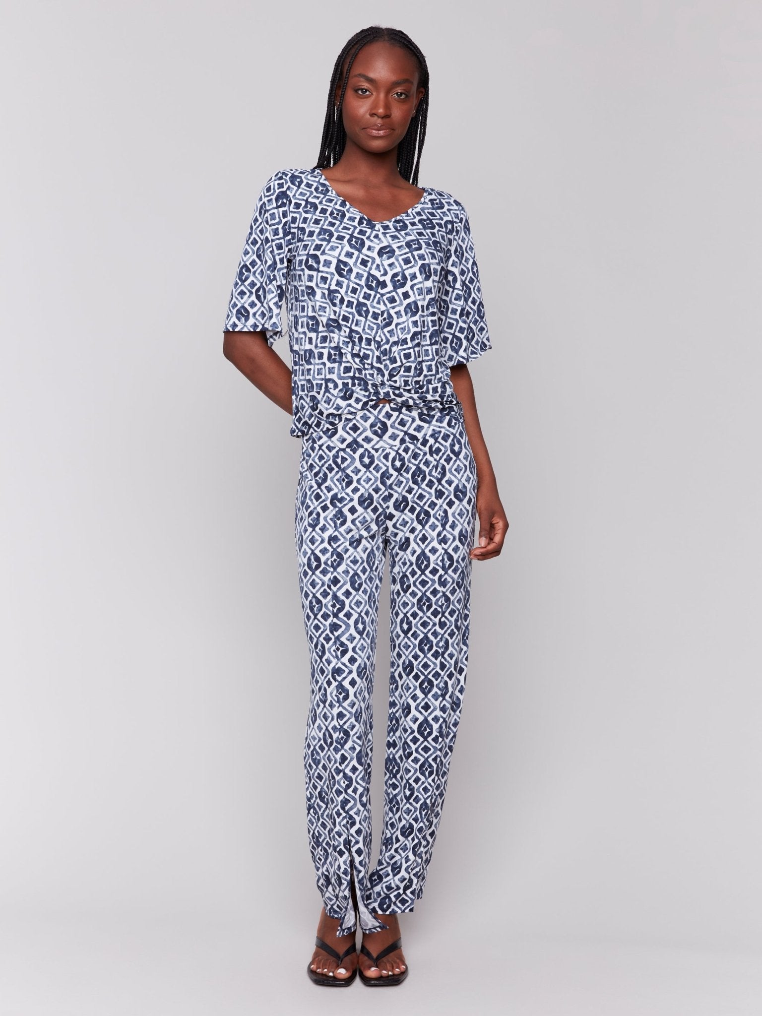Printed V Neck Top With Twist Front - Charlie B - 690178619175 - Sugar River Shoppe - 