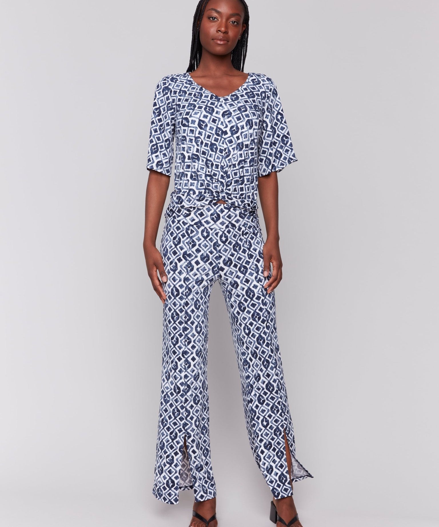 Printed V Neck Top With Twist Front - Charlie B - 690178619175 - Sugar River Shoppe - 