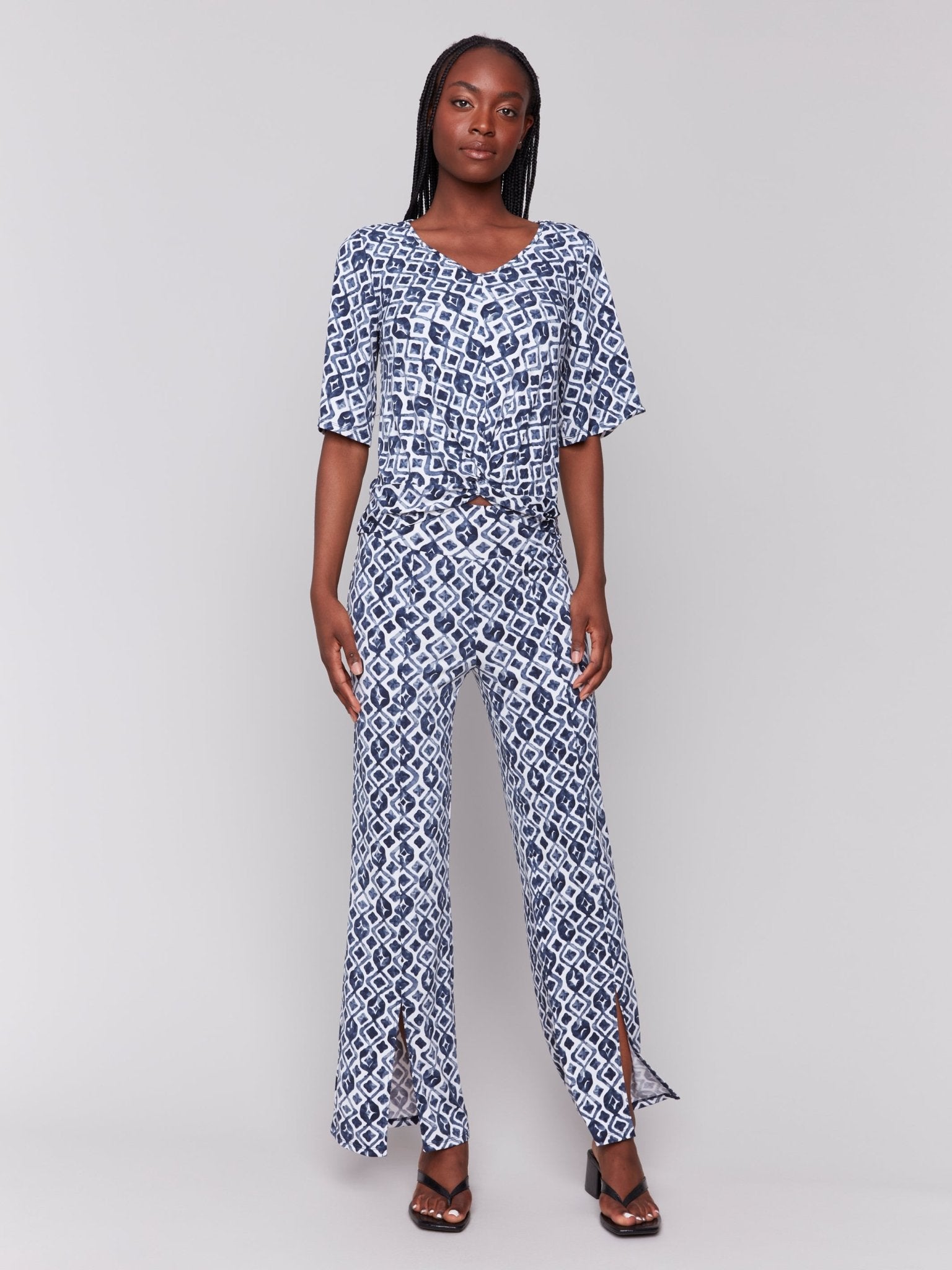 Printed V Neck Top With Twist Front - Charlie B - 690178619175 - Sugar River Shoppe - 