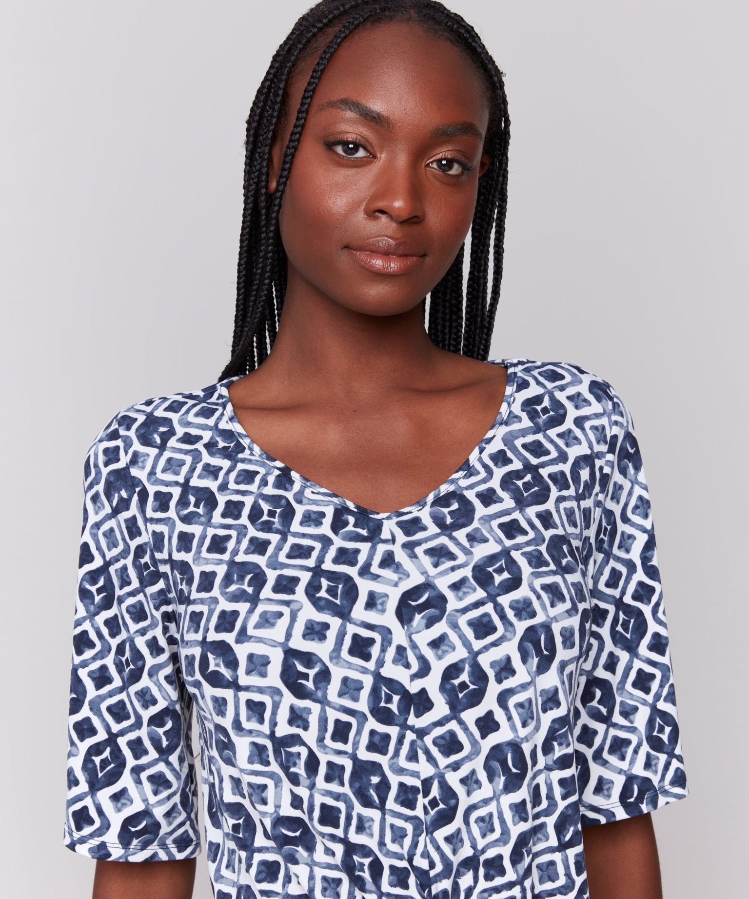 Printed V Neck Top With Twist Front - Charlie B - 690178619175 - Sugar River Shoppe - 