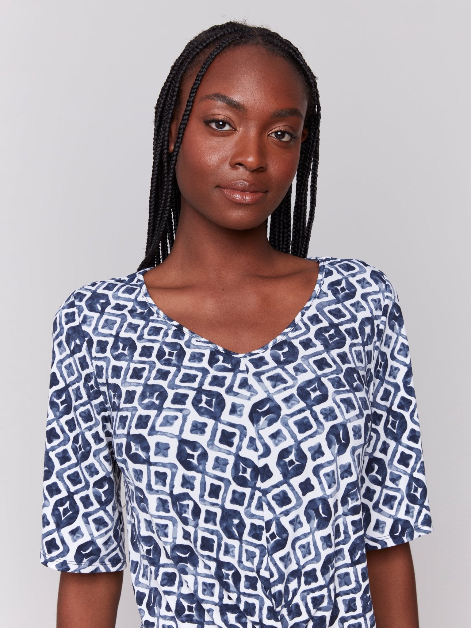 Printed V Neck Top With Twist Front - Charlie B - 690178619175 - Sugar River Shoppe - 
