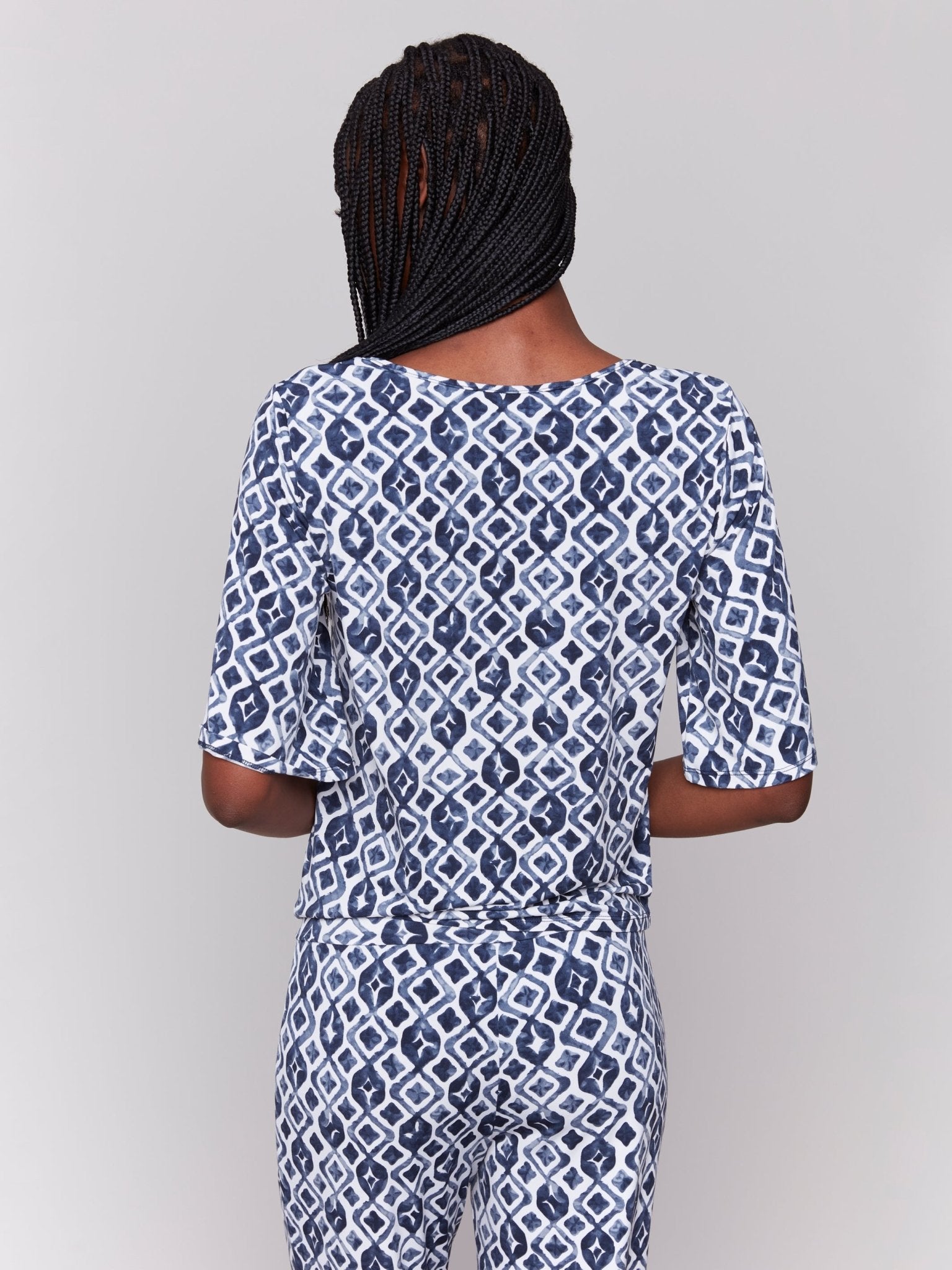Printed V Neck Top With Twist Front - Charlie B - 690178619175 - Sugar River Shoppe - 