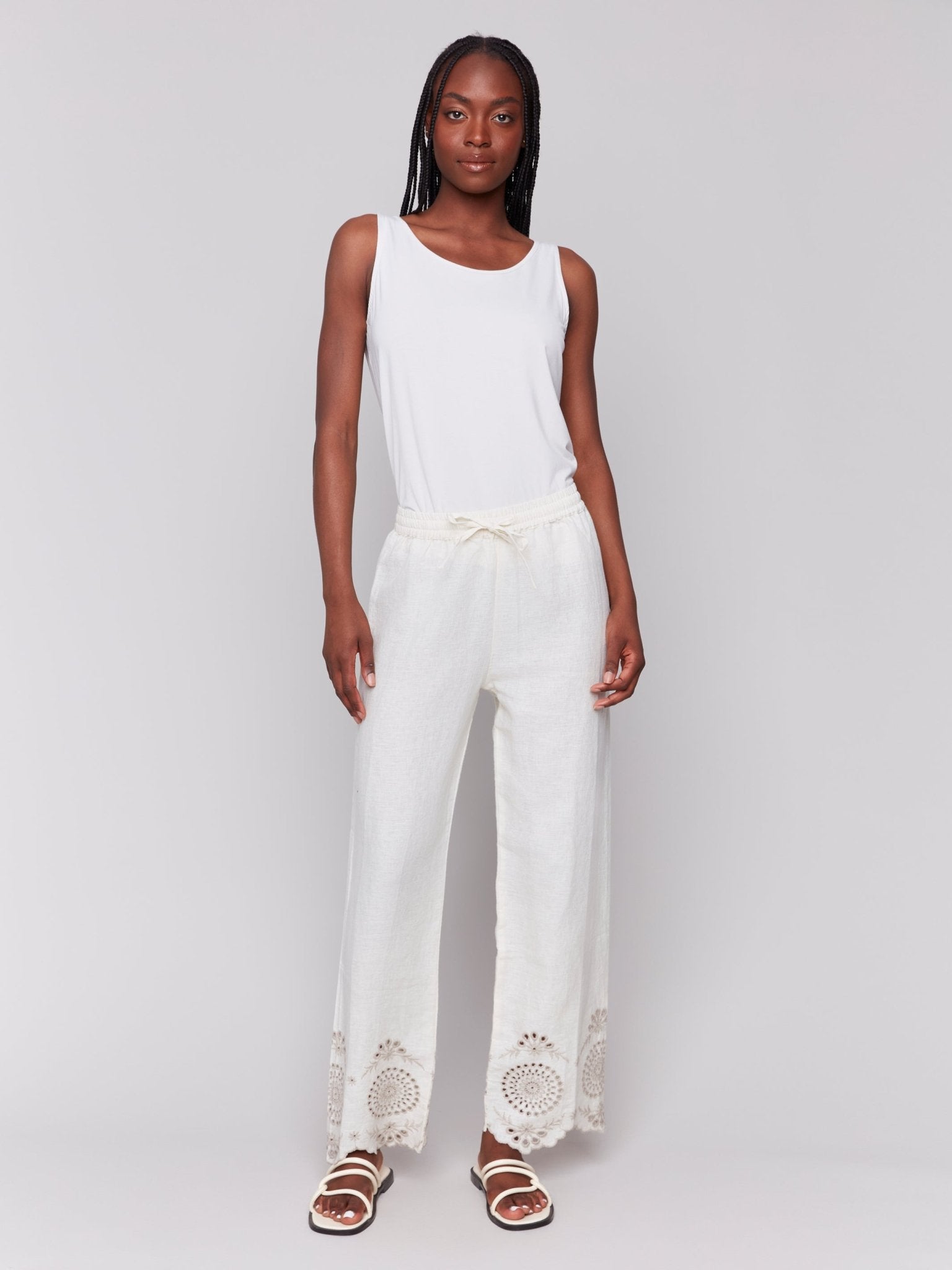 Pull - On Linen Pants with Eyelet Embroidery - Charlie B - 690178589430 - Sugar River Shoppe - 