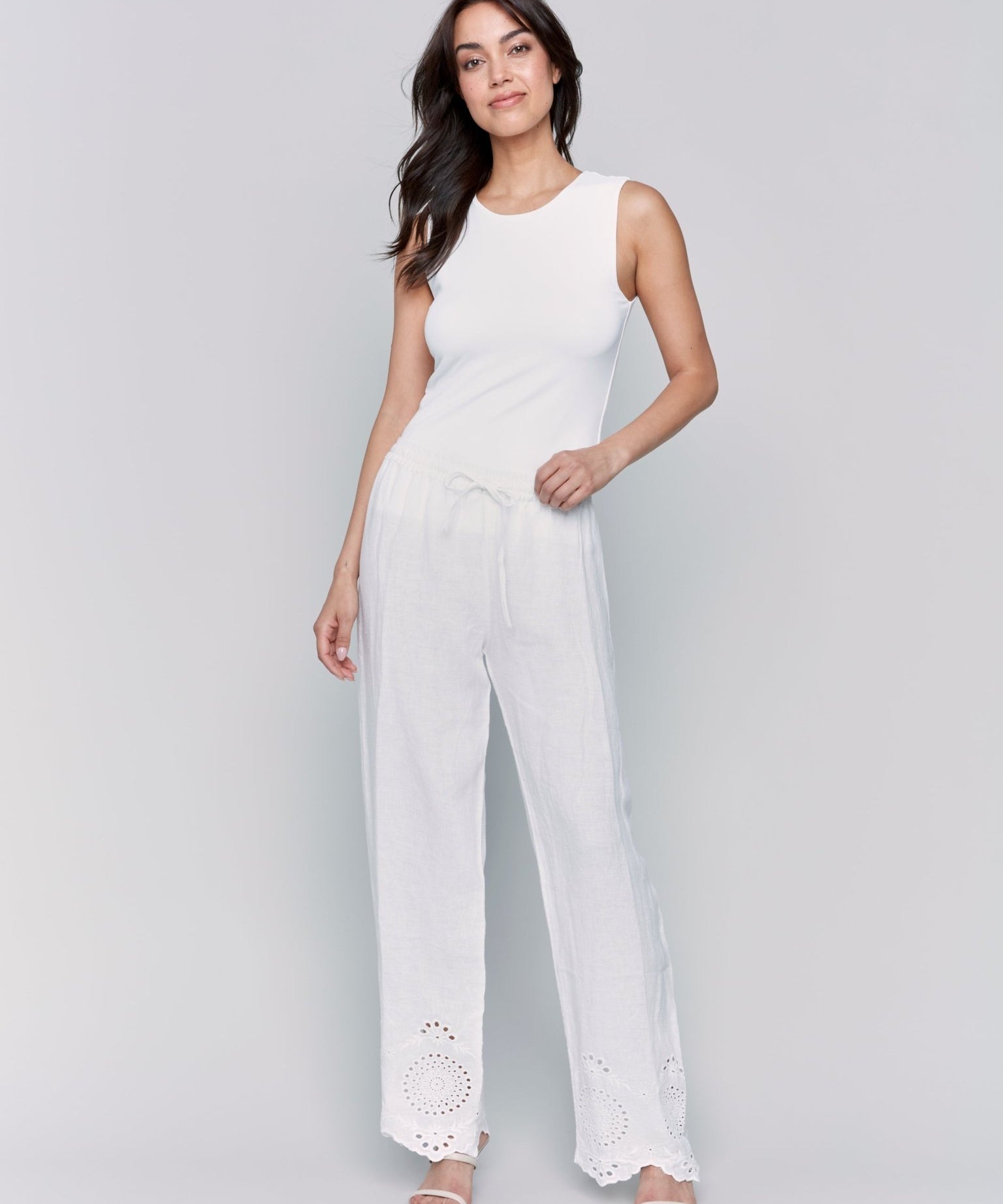 Pull - On Linen Pants with Eyelet Embroidery - Charlie B - 690178589430 - Sugar River Shoppe - 