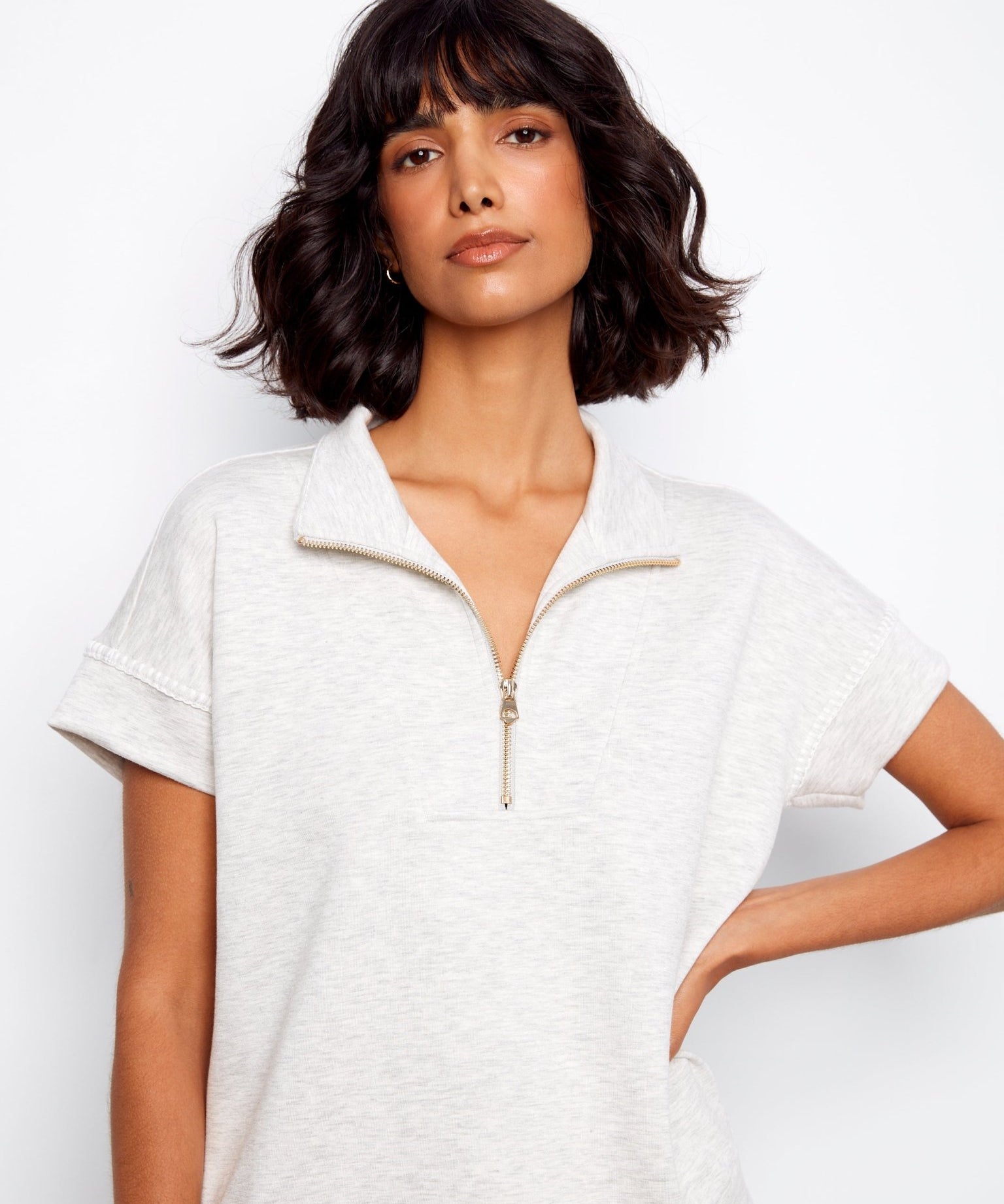 Short Sleeve Half - Zip Collar Top with Blanket Stitch - Charlie B - 690178769443 - Sugar River Shoppe - 