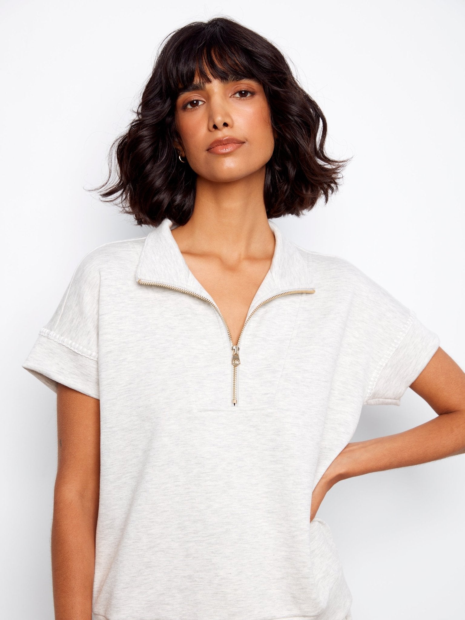 Short Sleeve Half - Zip Collar Top with Blanket Stitch - Charlie B - 690178769443 - Sugar River Shoppe - 