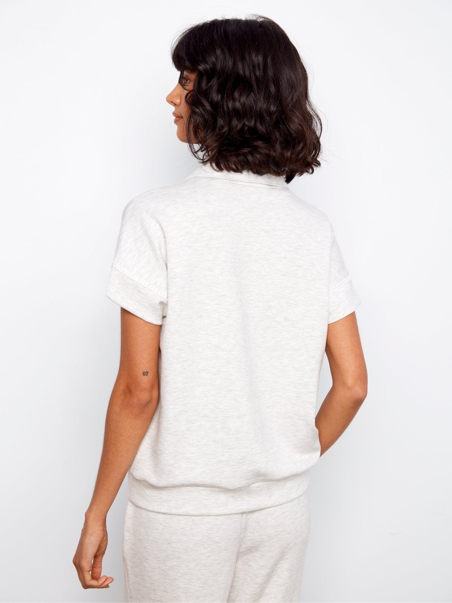 Short Sleeve Half - Zip Collar Top with Blanket Stitch - Charlie B - 690178769443 - Sugar River Shoppe - 