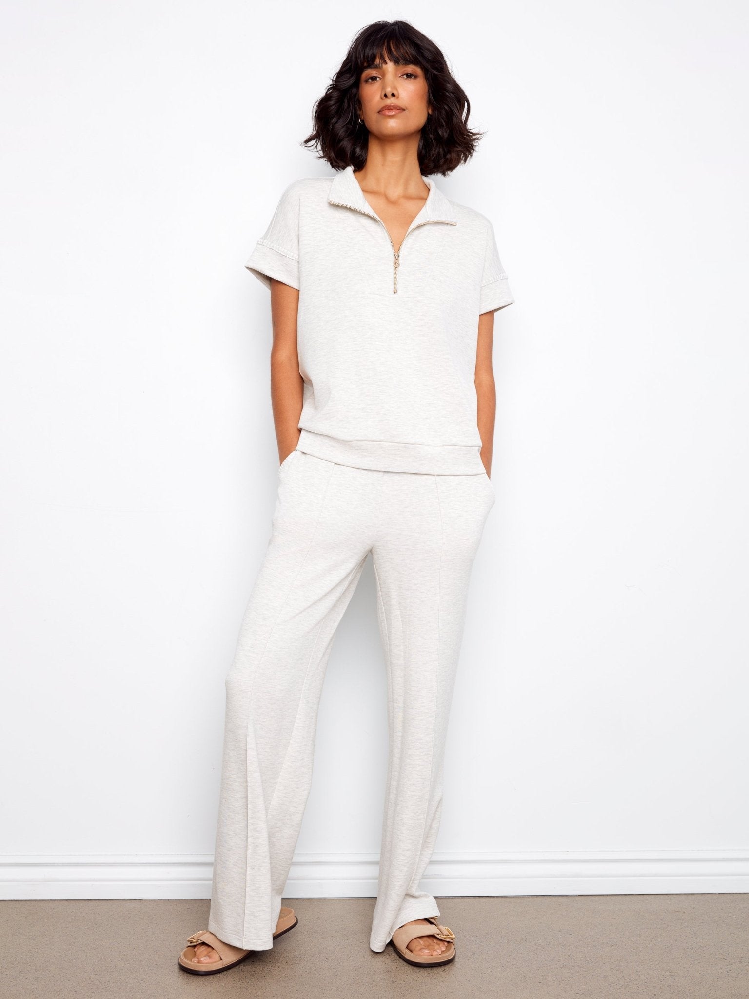 Short Sleeve Half - Zip Collar Top with Blanket Stitch - Charlie B - 690178769443 - Sugar River Shoppe - 