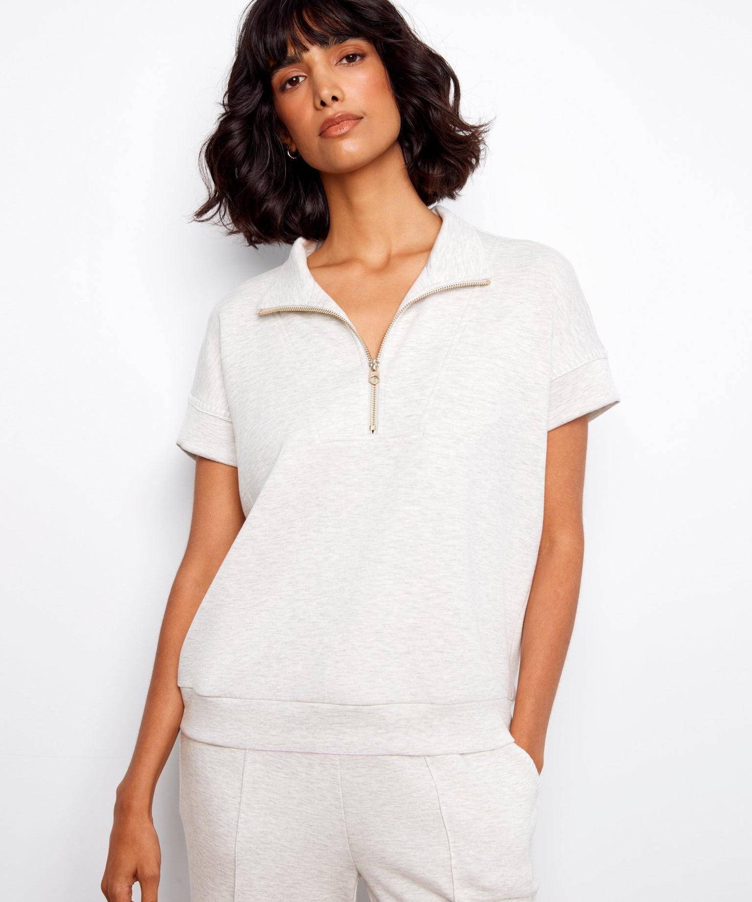 Short Sleeve Half - Zip Collar Top with Blanket Stitch - Charlie B - 690178769443 - Sugar River Shoppe - 