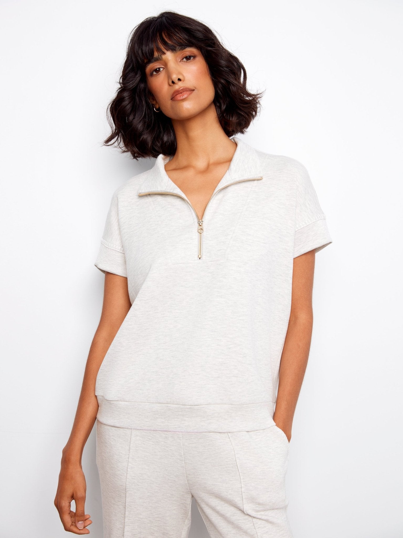 Short Sleeve Half - Zip Collar Top with Blanket Stitch - Charlie B - 690178769443 - Sugar River Shoppe - 
