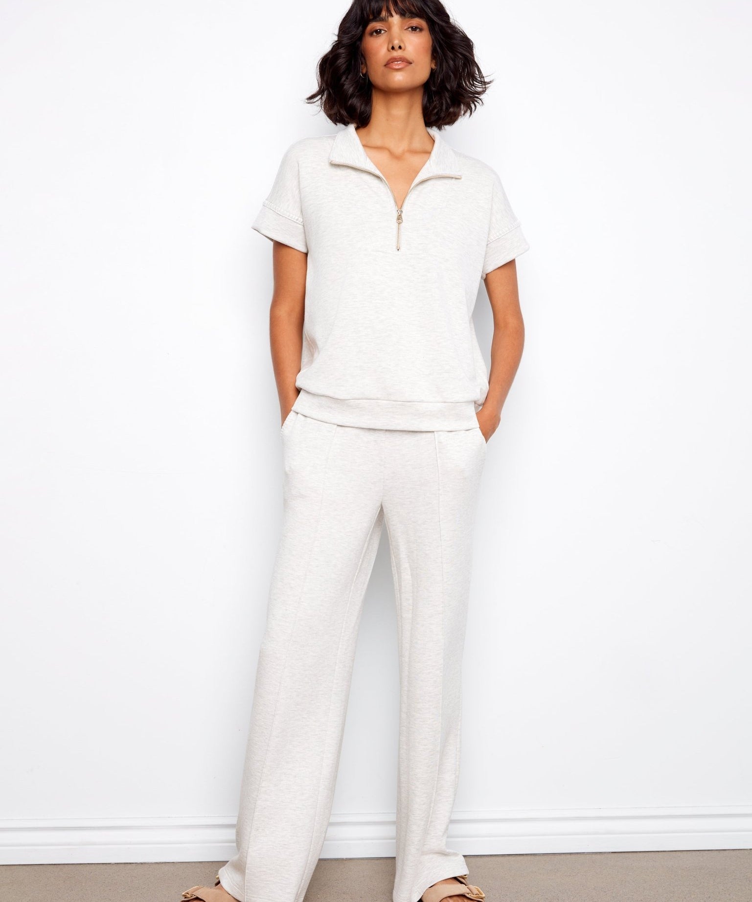 Short Sleeve Half - Zip Collar Top with Blanket Stitch - Charlie B - 690178769443 - Sugar River Shoppe - 