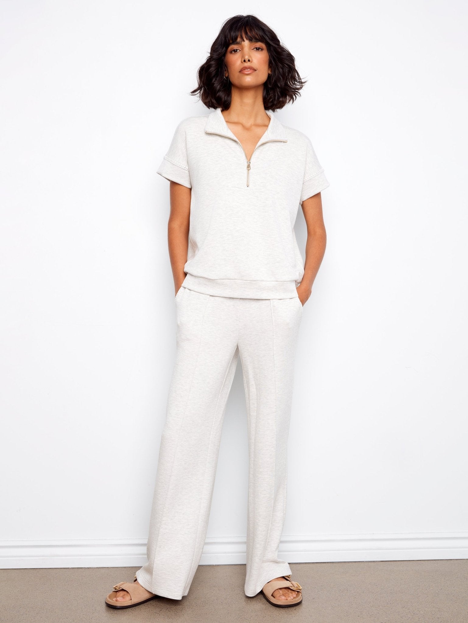 Short Sleeve Half - Zip Collar Top with Blanket Stitch - Charlie B - 690178769443 - Sugar River Shoppe - 
