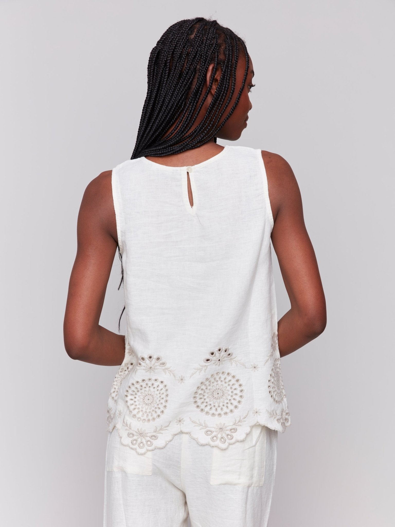 Sleeveless Linen Top with Eyelet Embroidery - Charlie B - 690178589256 - Sugar River Shoppe - 