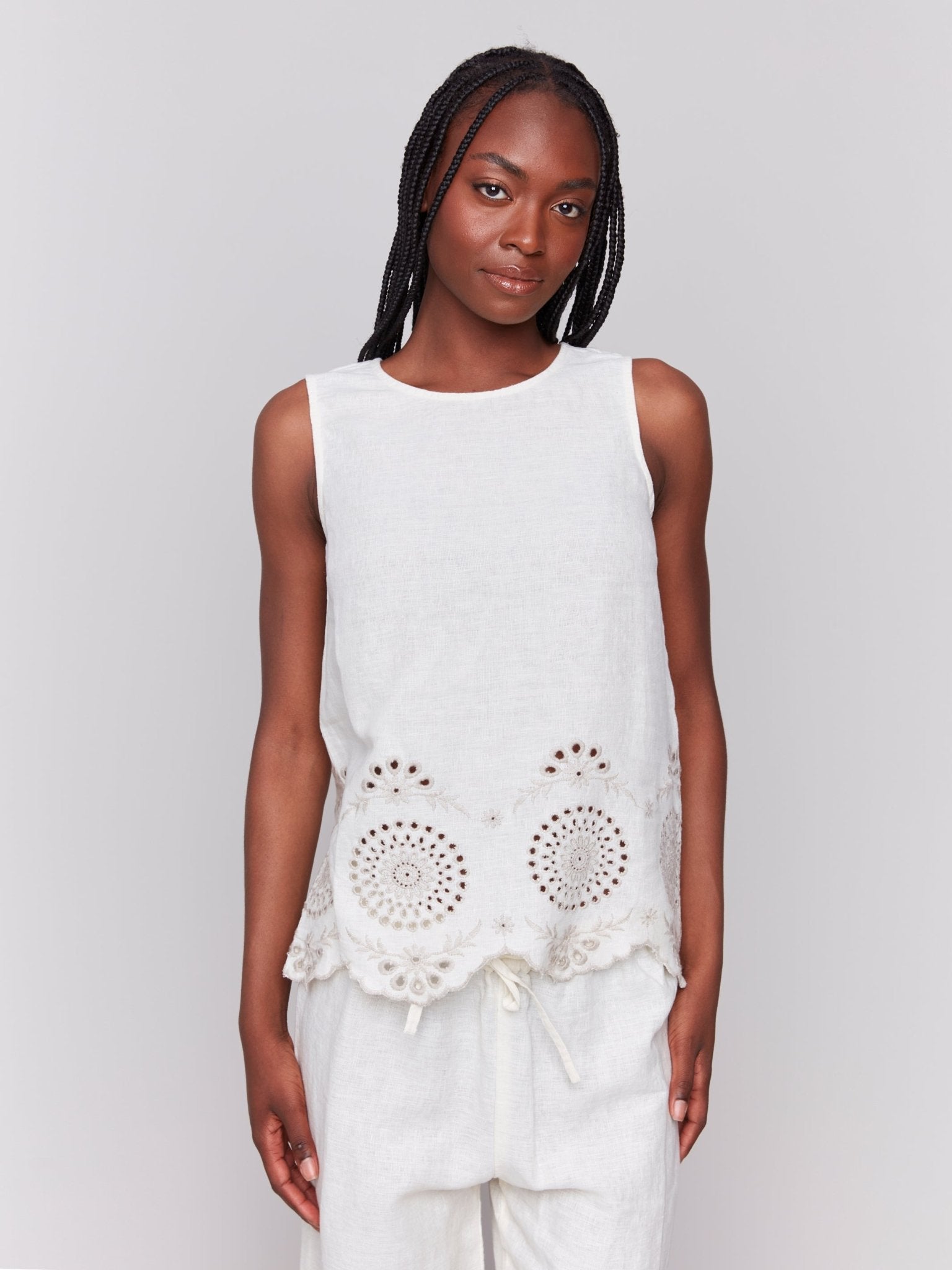 Sleeveless Linen Top with Eyelet Embroidery - Charlie B - 690178589256 - Sugar River Shoppe - 