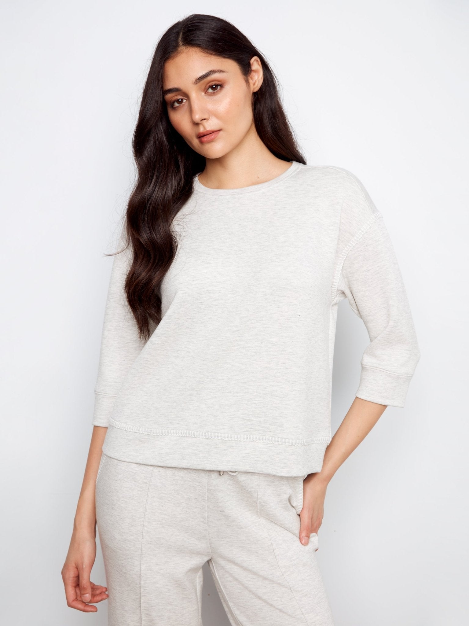 Soft Scuba 3/4 Sleeve Top with Blanket Stitch - Charlie B - 690178769382 - Sugar River Shoppe - 