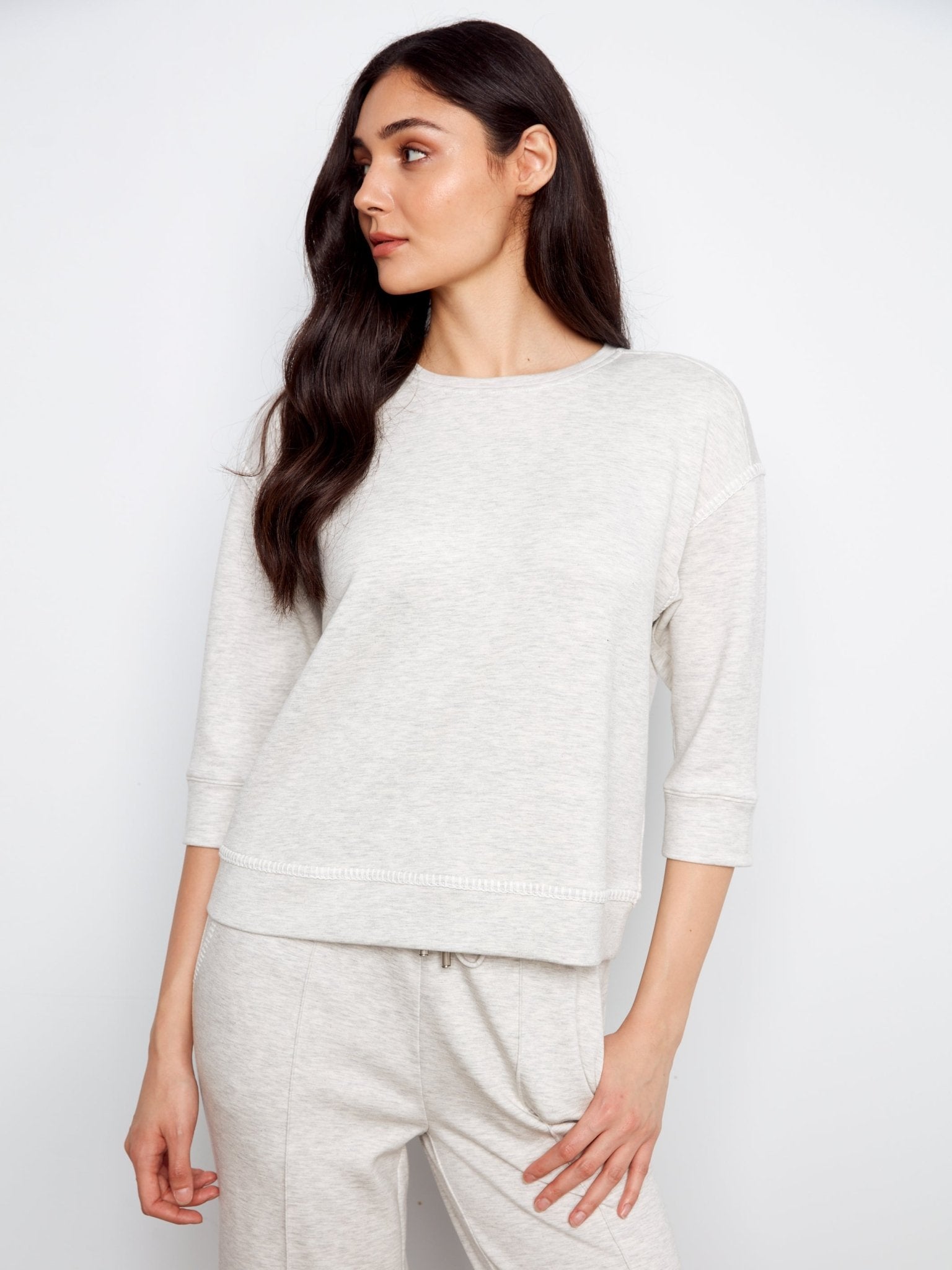 Soft Scuba 3/4 Sleeve Top with Blanket Stitch - Charlie B - 690178769382 - Sugar River Shoppe - 