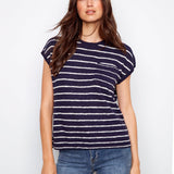 Striped Cap Sleeve Knit Top - Navy - Charlie B - 690178725166 - Sugar River Shoppe - 