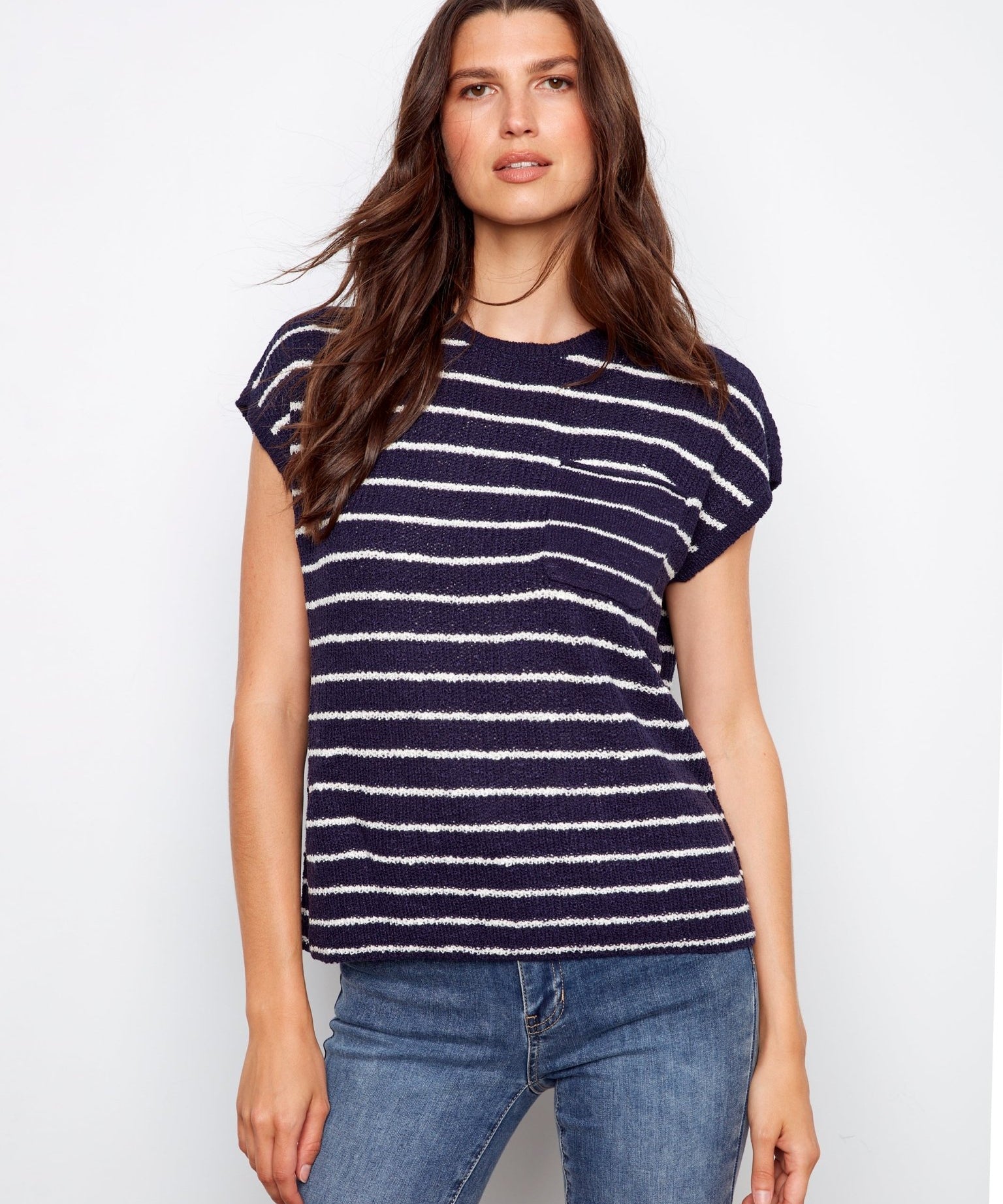 Striped Cap Sleeve Knit Top - Navy - Charlie B - 690178725166 - Sugar River Shoppe - 
