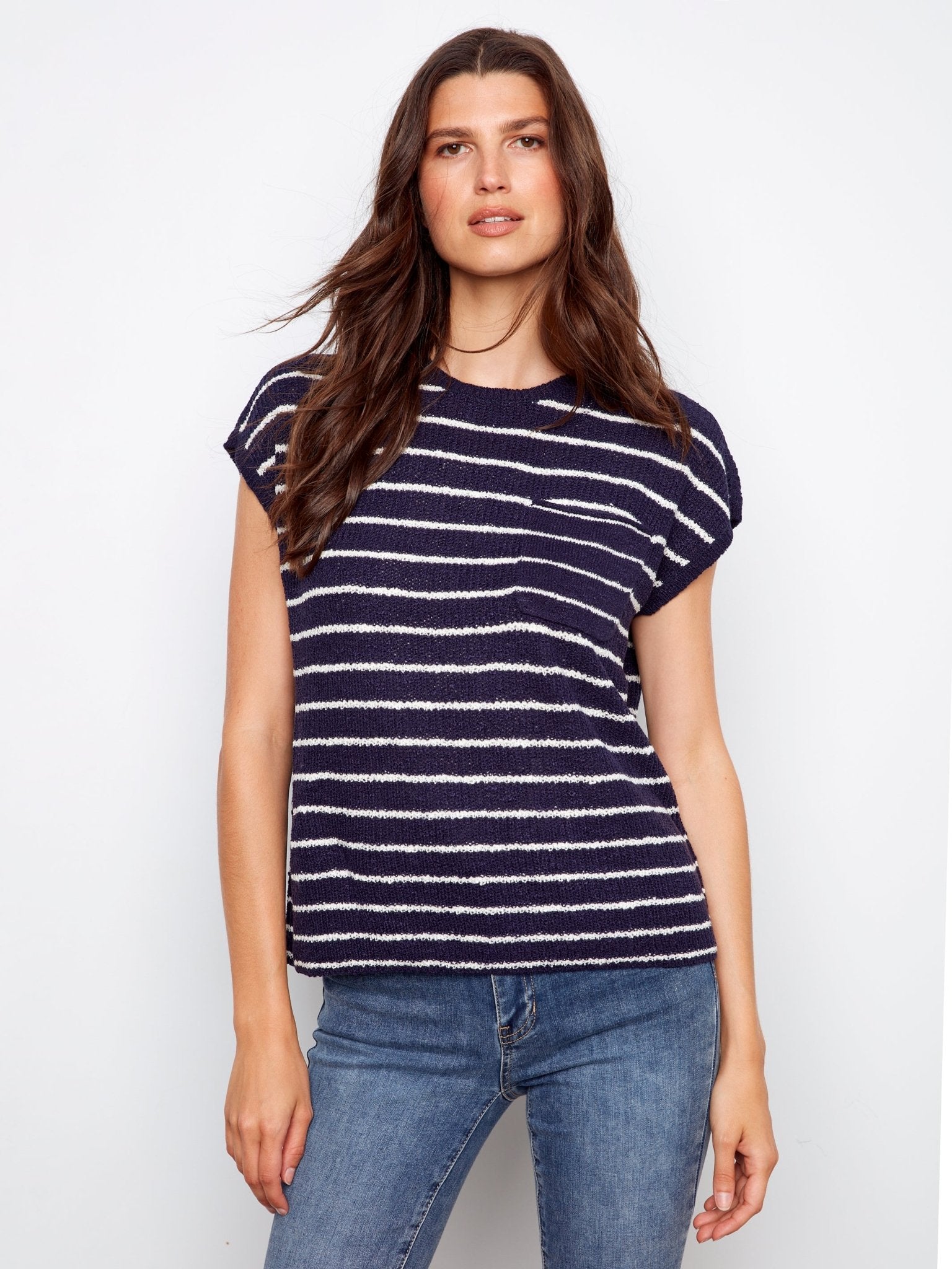 Striped Cap Sleeve Knit Top - Navy - Charlie B - 690178725166 - Sugar River Shoppe - 