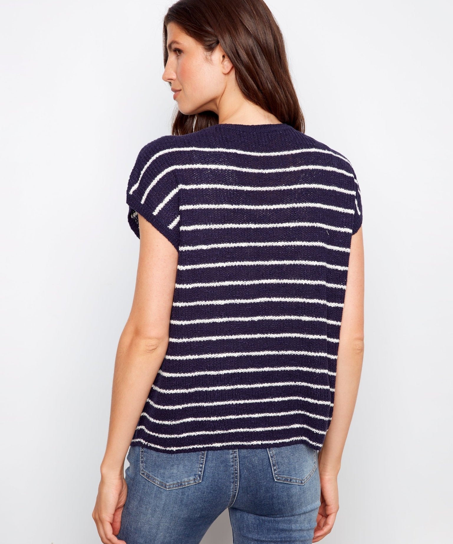 Striped Cap Sleeve Knit Top - Navy - Charlie B - 690178725166 - Sugar River Shoppe - 