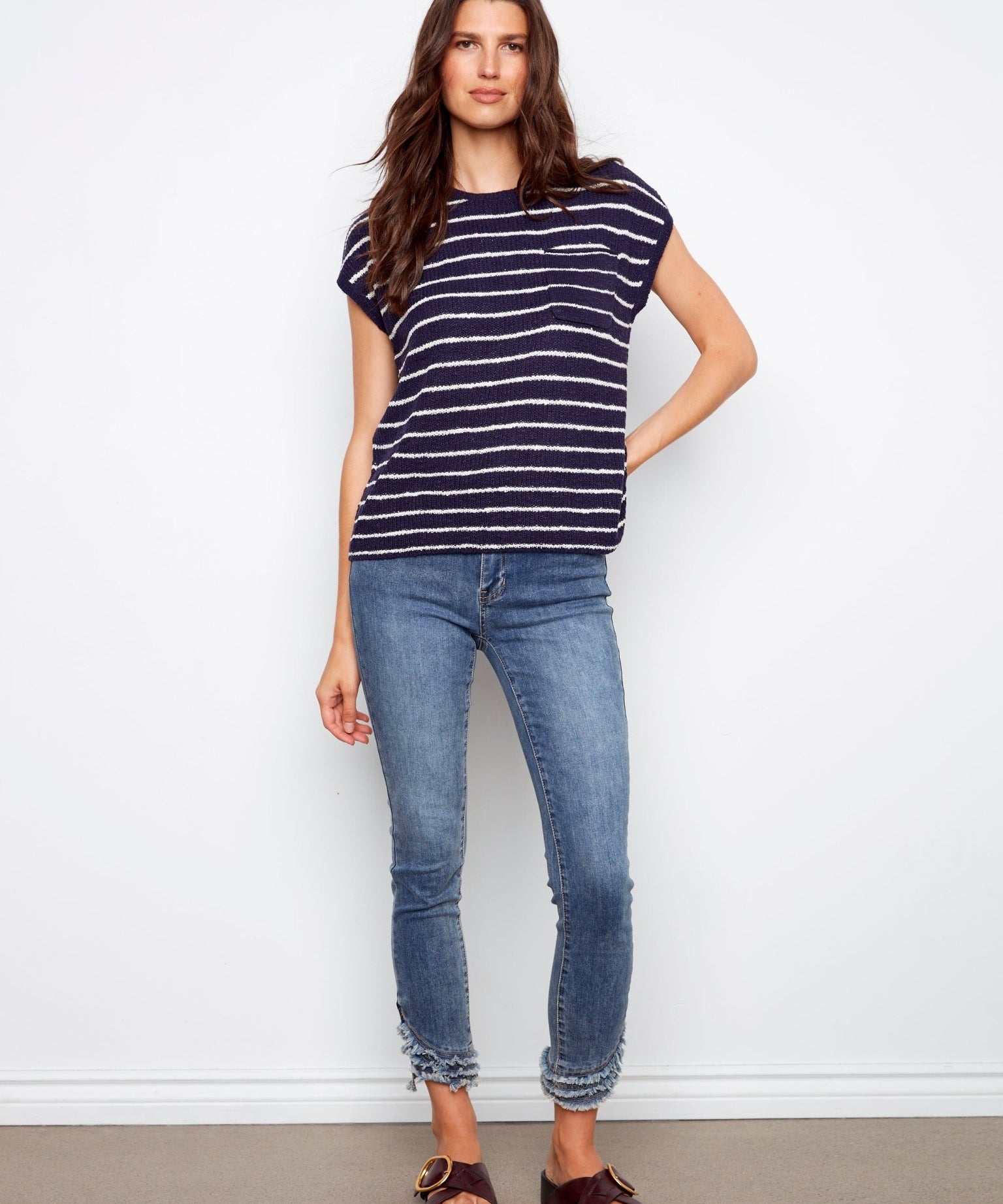 Striped Cap Sleeve Knit Top - Navy - Charlie B - 690178725166 - Sugar River Shoppe - 