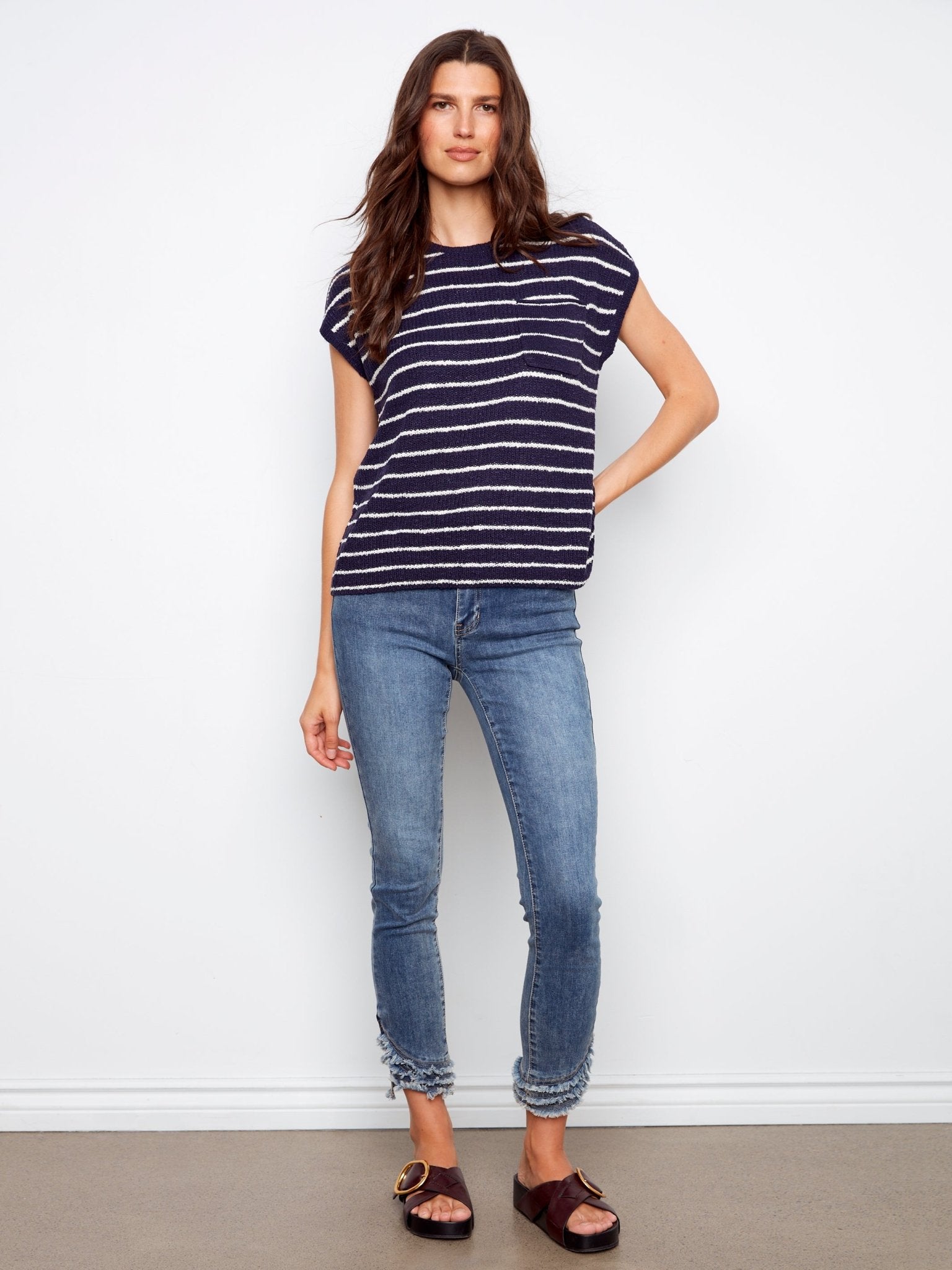 Striped Cap Sleeve Knit Top - Navy - Charlie B - 690178725166 - Sugar River Shoppe - 