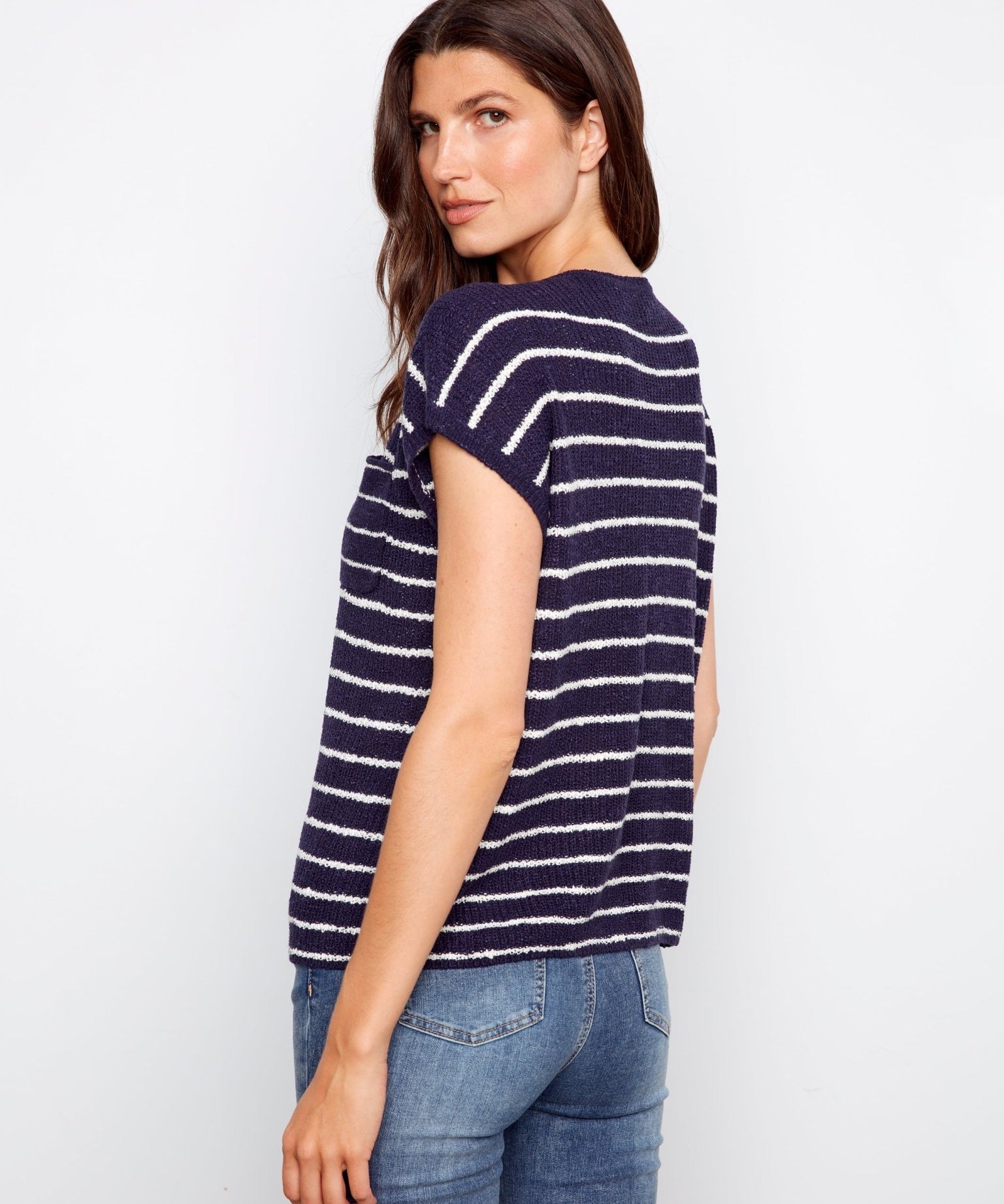 Striped Cap Sleeve Knit Top - Navy - Charlie B - 690178725166 - Sugar River Shoppe - 