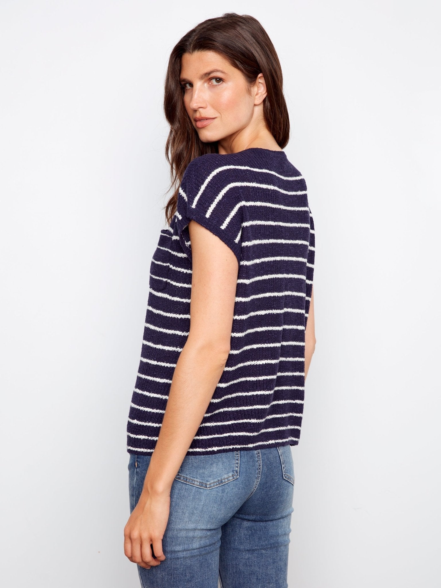 Striped Cap Sleeve Knit Top - Navy - Charlie B - 690178725166 - Sugar River Shoppe - 
