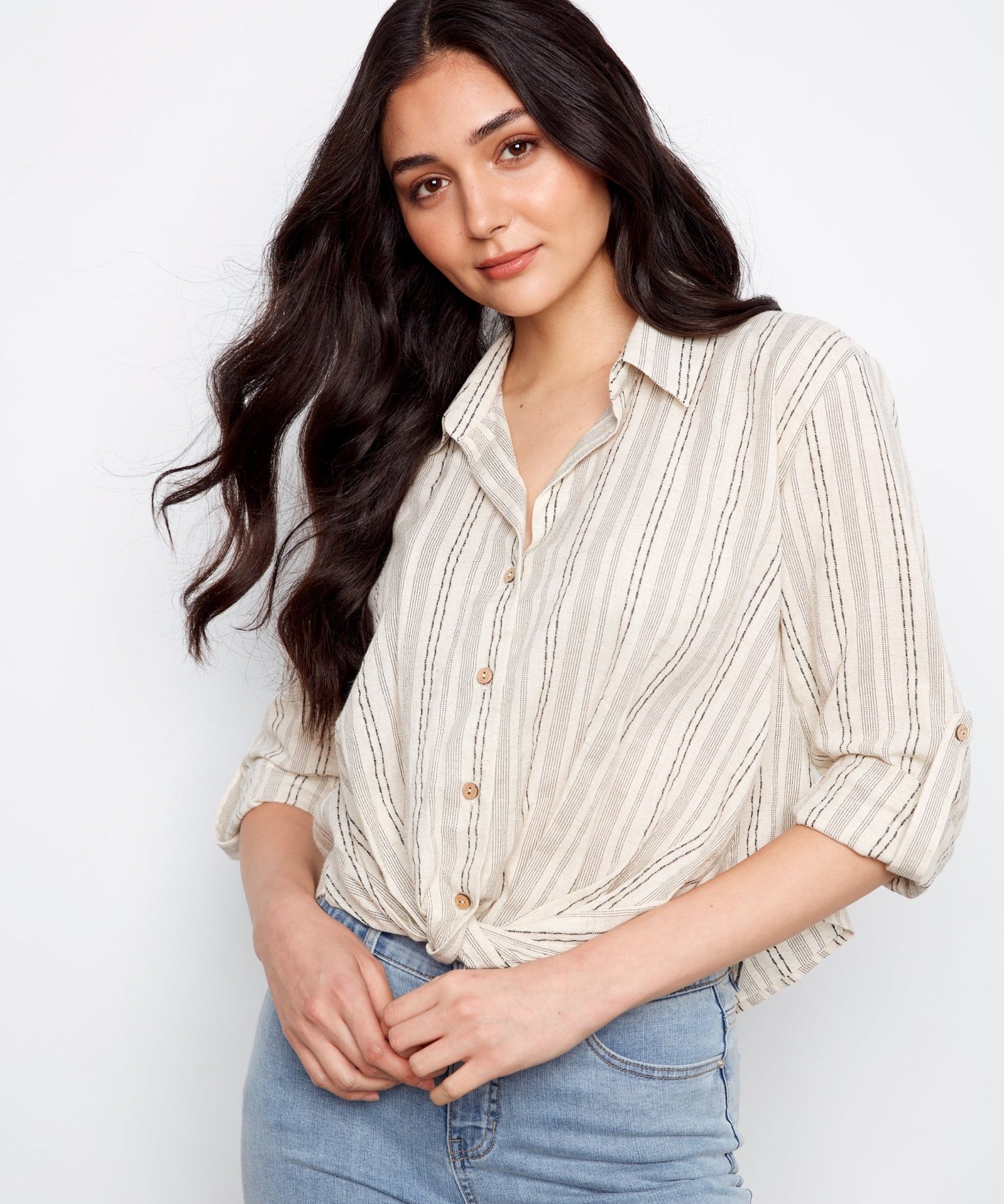 Striped Cotton - Linen Blend Shirt with Front Twist - Charlie B - 690178724565 - Sugar River Shoppe - 