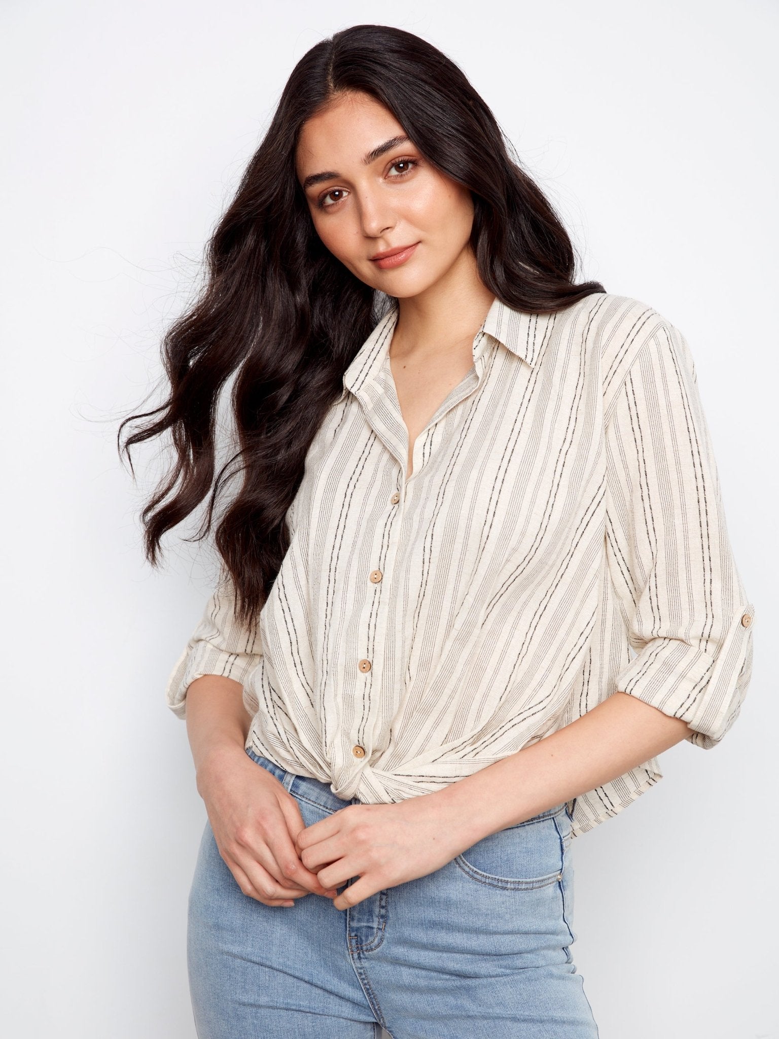 Striped Cotton - Linen Blend Shirt with Front Twist - Charlie B - 690178724565 - Sugar River Shoppe - 