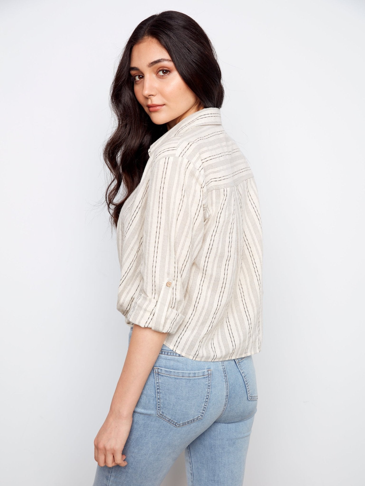 Striped Cotton - Linen Blend Shirt with Front Twist - Charlie B - 690178724565 - Sugar River Shoppe - 