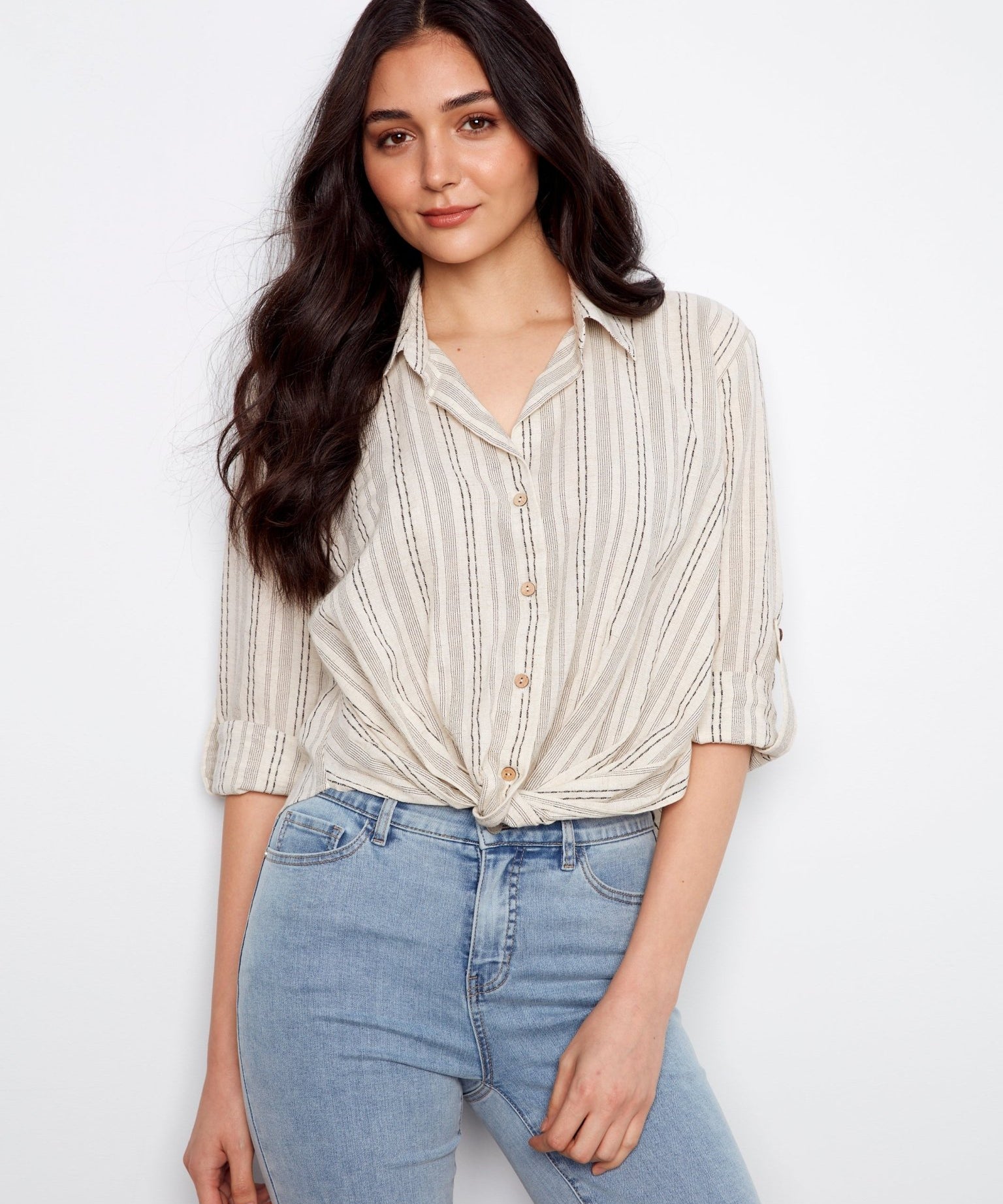 Striped Cotton - Linen Blend Shirt with Front Twist - Charlie B - 690178724565 - Sugar River Shoppe - 