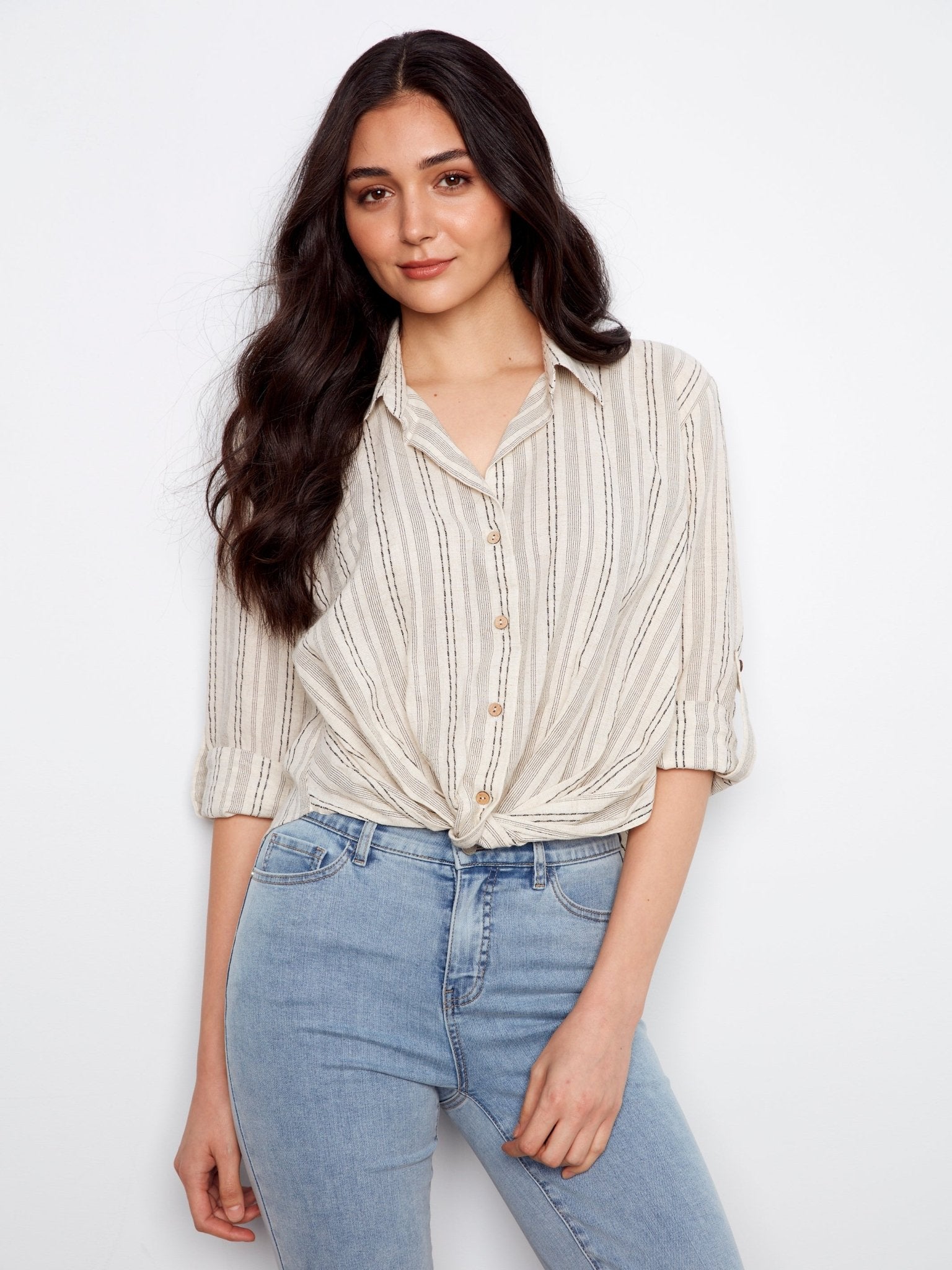 Striped Cotton - Linen Blend Shirt with Front Twist - Charlie B - 690178724565 - Sugar River Shoppe - 