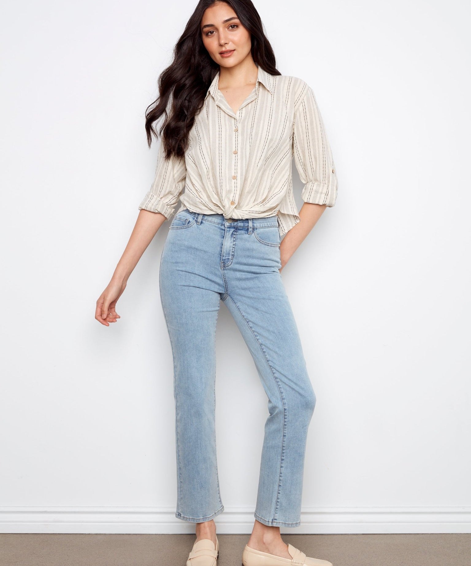 Striped Cotton - Linen Blend Shirt with Front Twist - Charlie B - 690178724565 - Sugar River Shoppe - 
