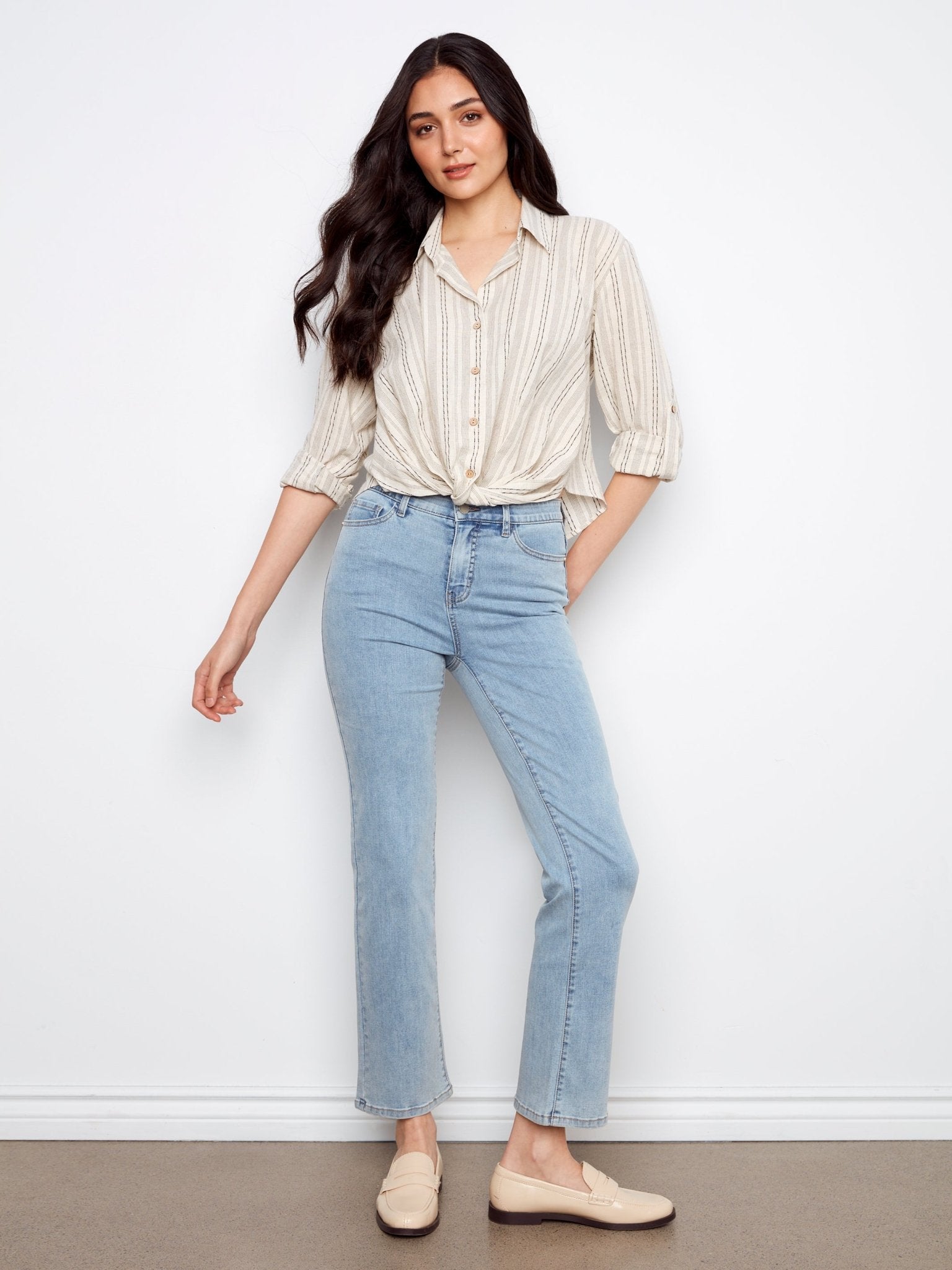 Striped Cotton - Linen Blend Shirt with Front Twist - Charlie B - 690178724565 - Sugar River Shoppe - 