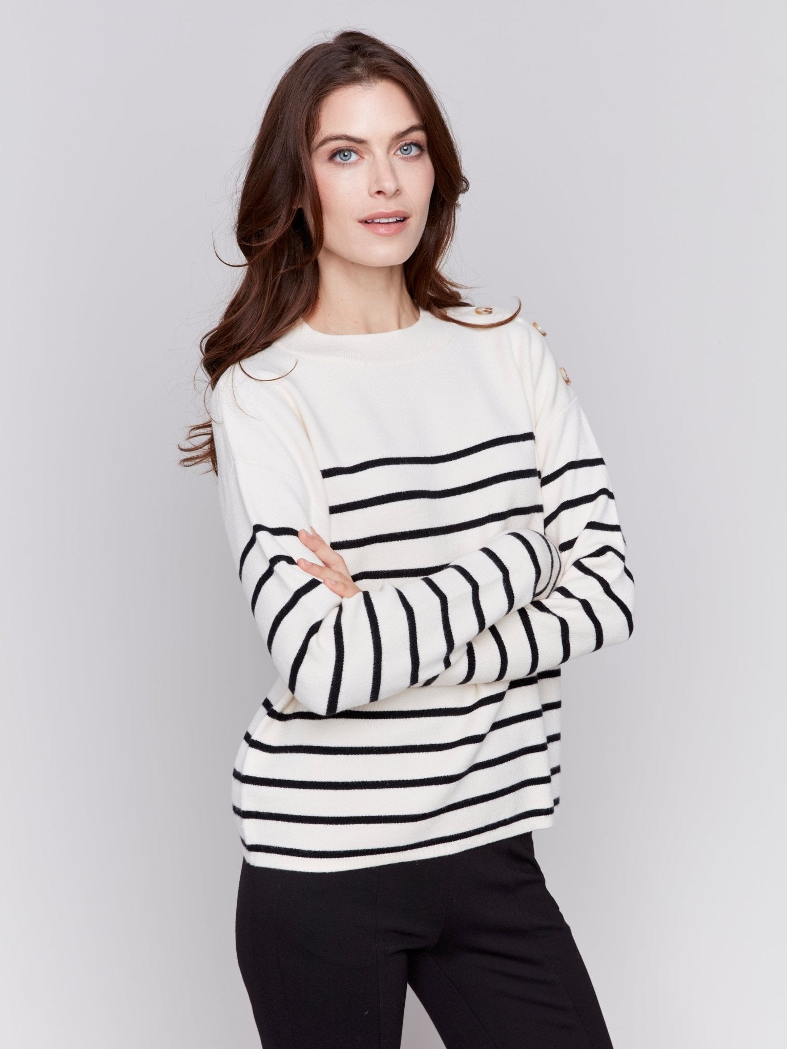 Striped Jacquard Crew Neck Sweater - Charlie B - 690178544705 - Sugar River Shoppe - 