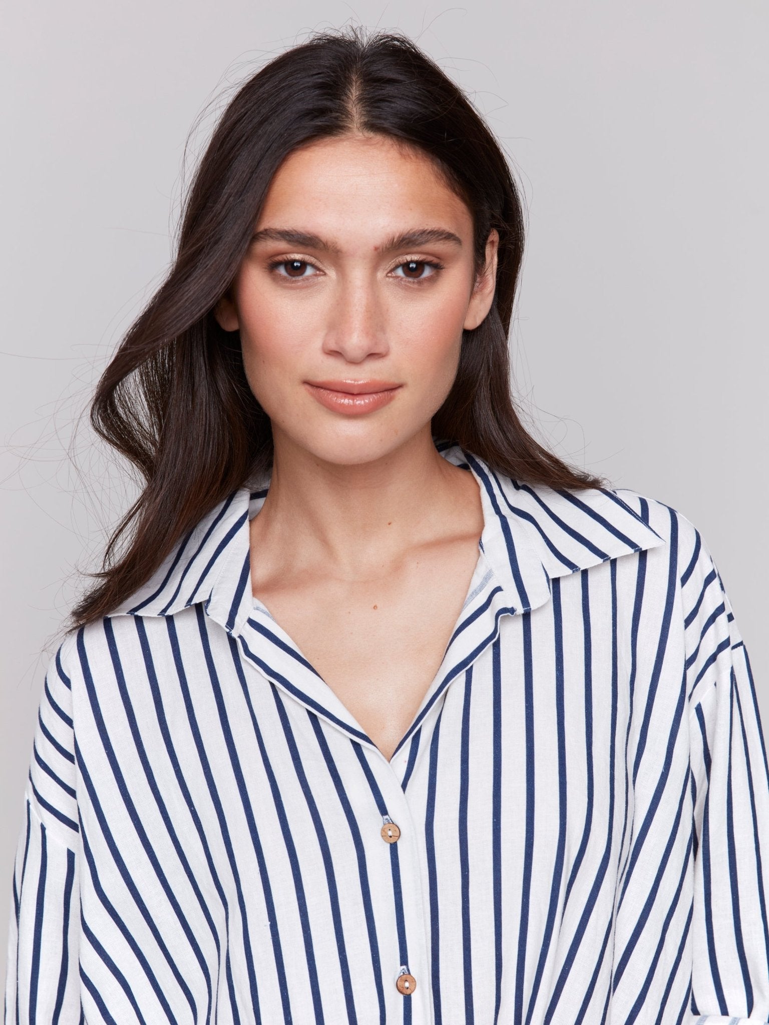 Striped Linen Blend with Front Twist Detail - Charlie B - 690178586842 - Sugar River Shoppe - 