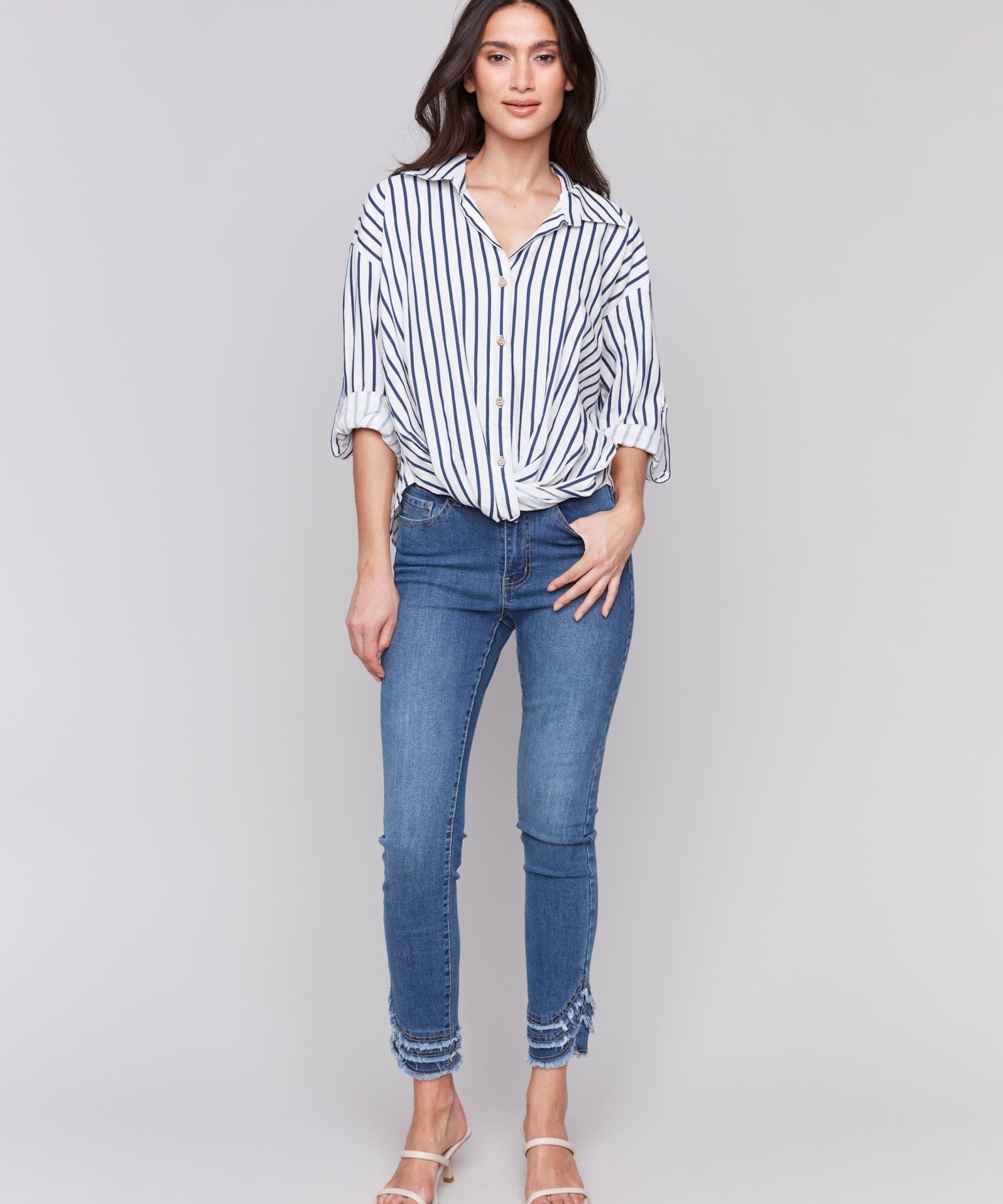 Striped Linen Blend with Front Twist Detail - Charlie B - 690178586842 - Sugar River Shoppe - 