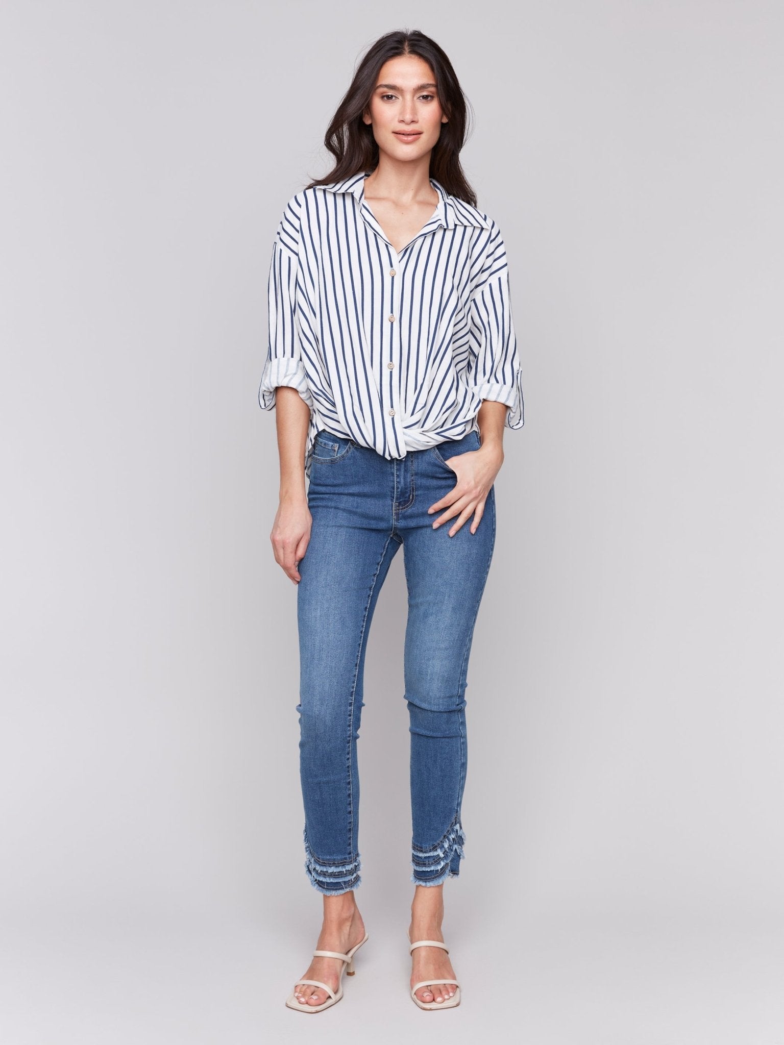 Striped Linen Blend with Front Twist Detail - Charlie B - 690178586842 - Sugar River Shoppe - 