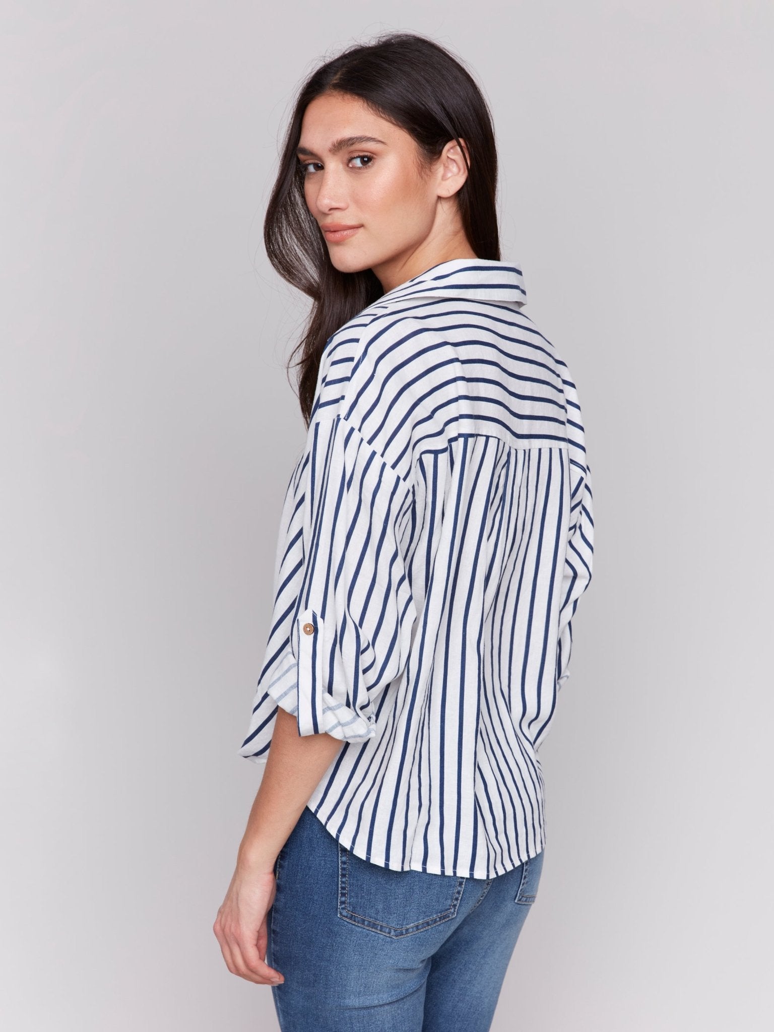 Striped Linen Blend with Front Twist Detail - Charlie B - 690178586842 - Sugar River Shoppe - 