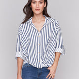 Striped Linen Blend with Front Twist Detail - Charlie B - 690178586842 - Sugar River Shoppe - 