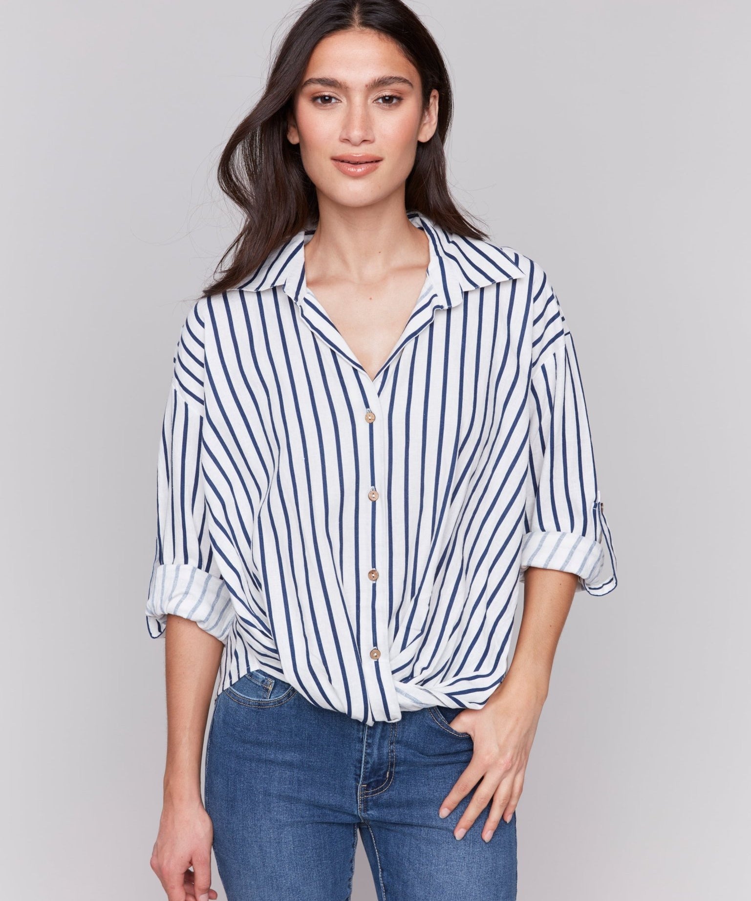 Striped Linen Blend with Front Twist Detail - Charlie B - 690178586842 - Sugar River Shoppe - 