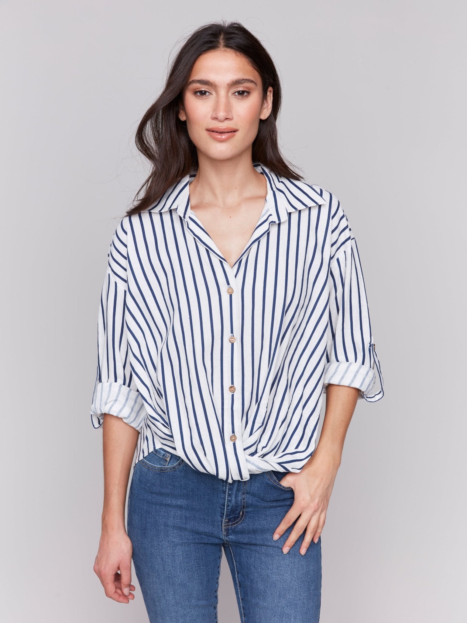 Striped Linen Blend with Front Twist Detail - Charlie B - 690178586842 - Sugar River Shoppe - 