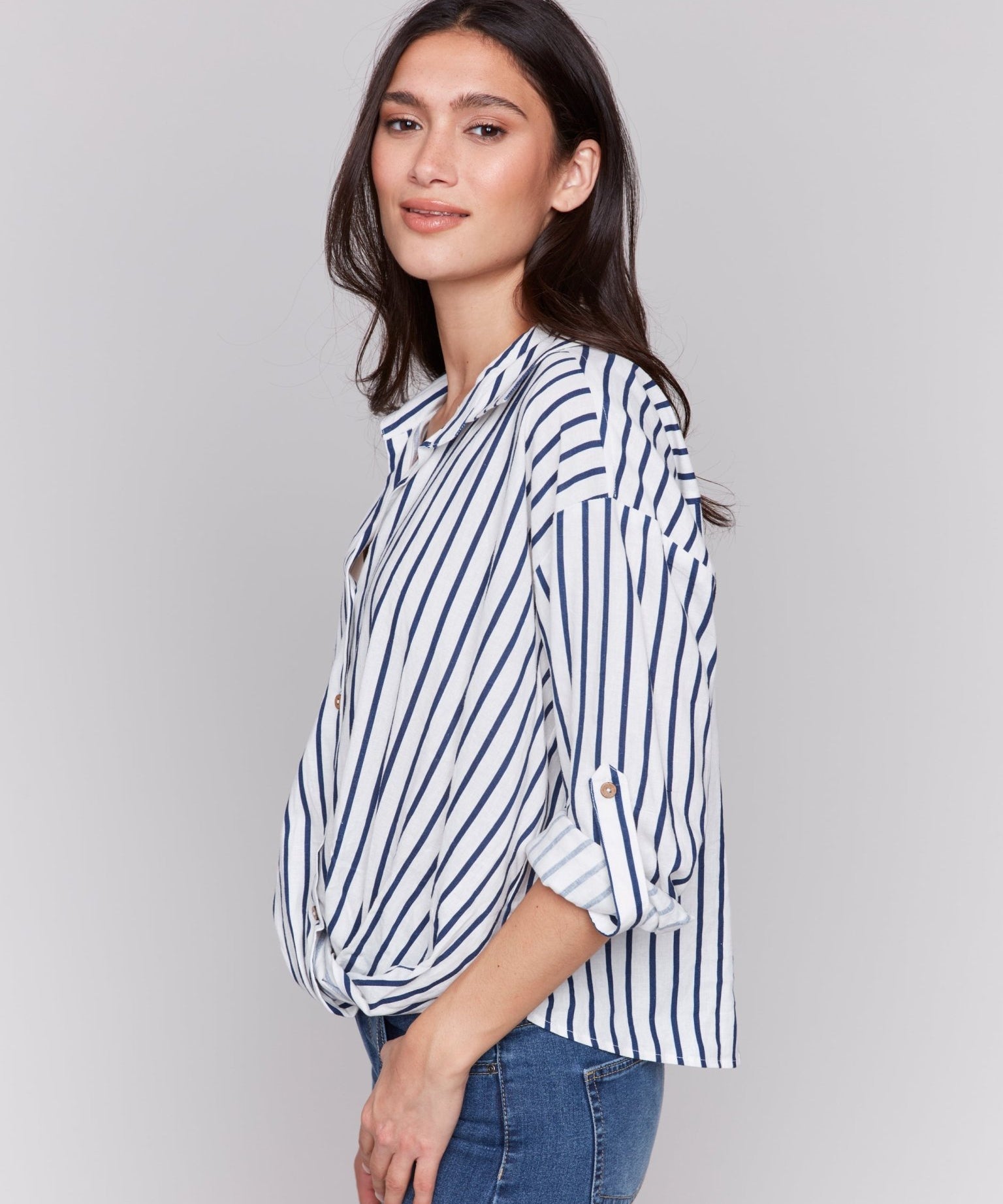 Striped Linen Blend with Front Twist Detail - Charlie B - 690178586842 - Sugar River Shoppe - 