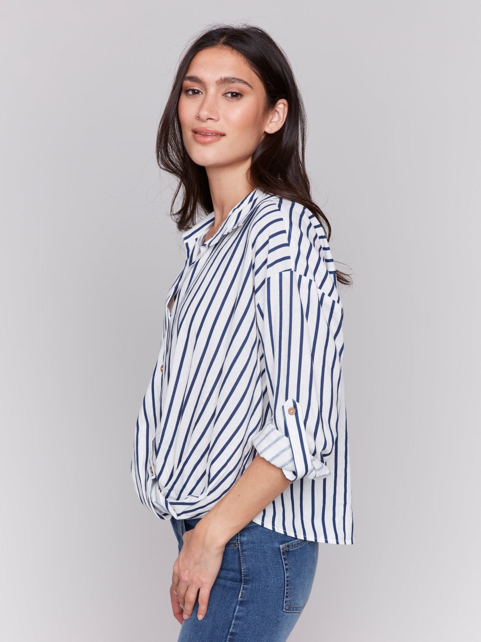 Striped Linen Blend with Front Twist Detail - Charlie B - 690178586842 - Sugar River Shoppe - 
