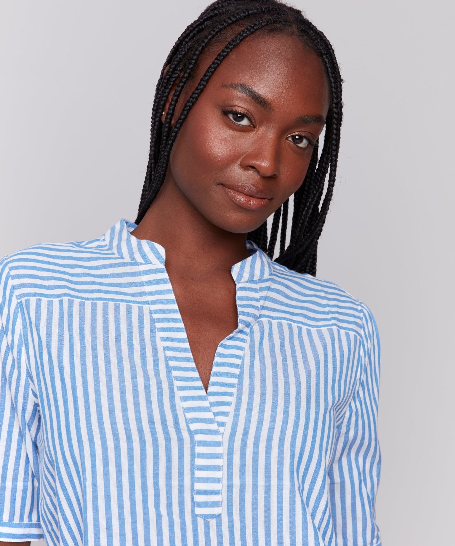 Striped Short Sleeve Popover Blouse - Charlie B - 690178621758 - Sugar River Shoppe - 